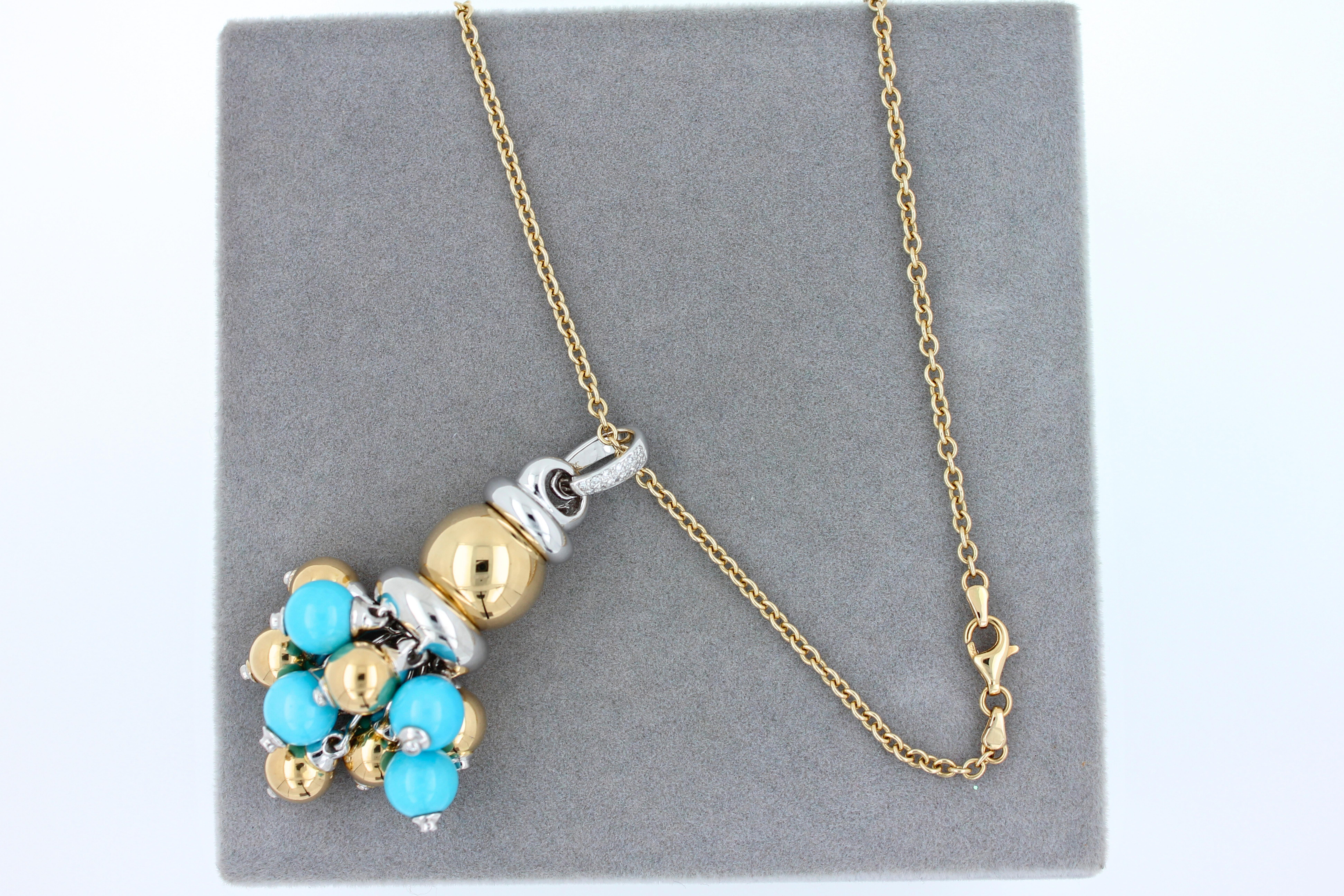 Blue Turquoise Diamonds Golden Sphere Bells Motif Two Tone Gold Pendant Necklace For Sale 1