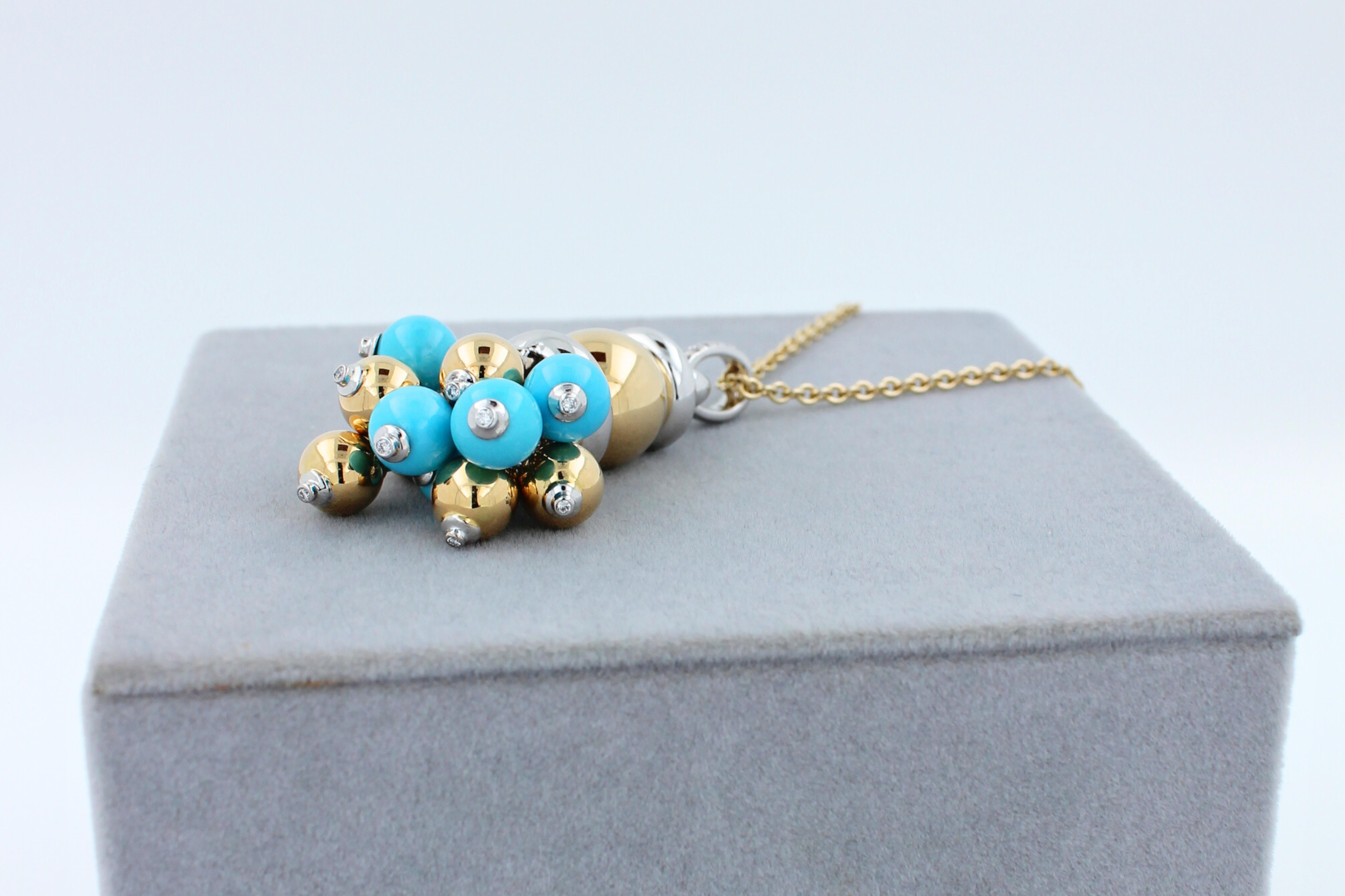 Blue Turquoise Diamonds Golden Sphere Bells Motif Two Tone Gold Pendant Necklace For Sale 2