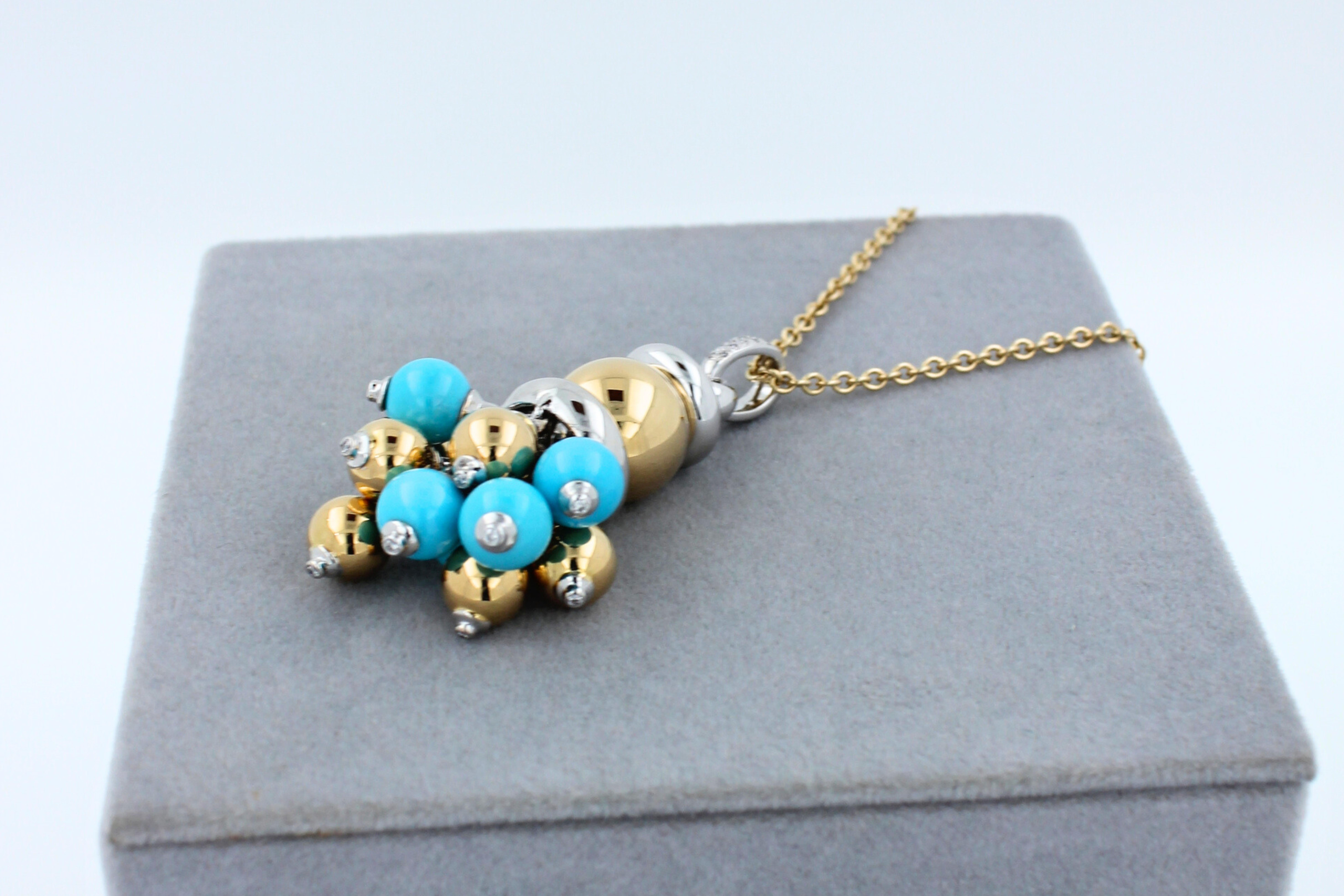 Blue Turquoise Diamonds Golden Sphere Bells Motif Two Tone Gold Pendant Necklace For Sale 3