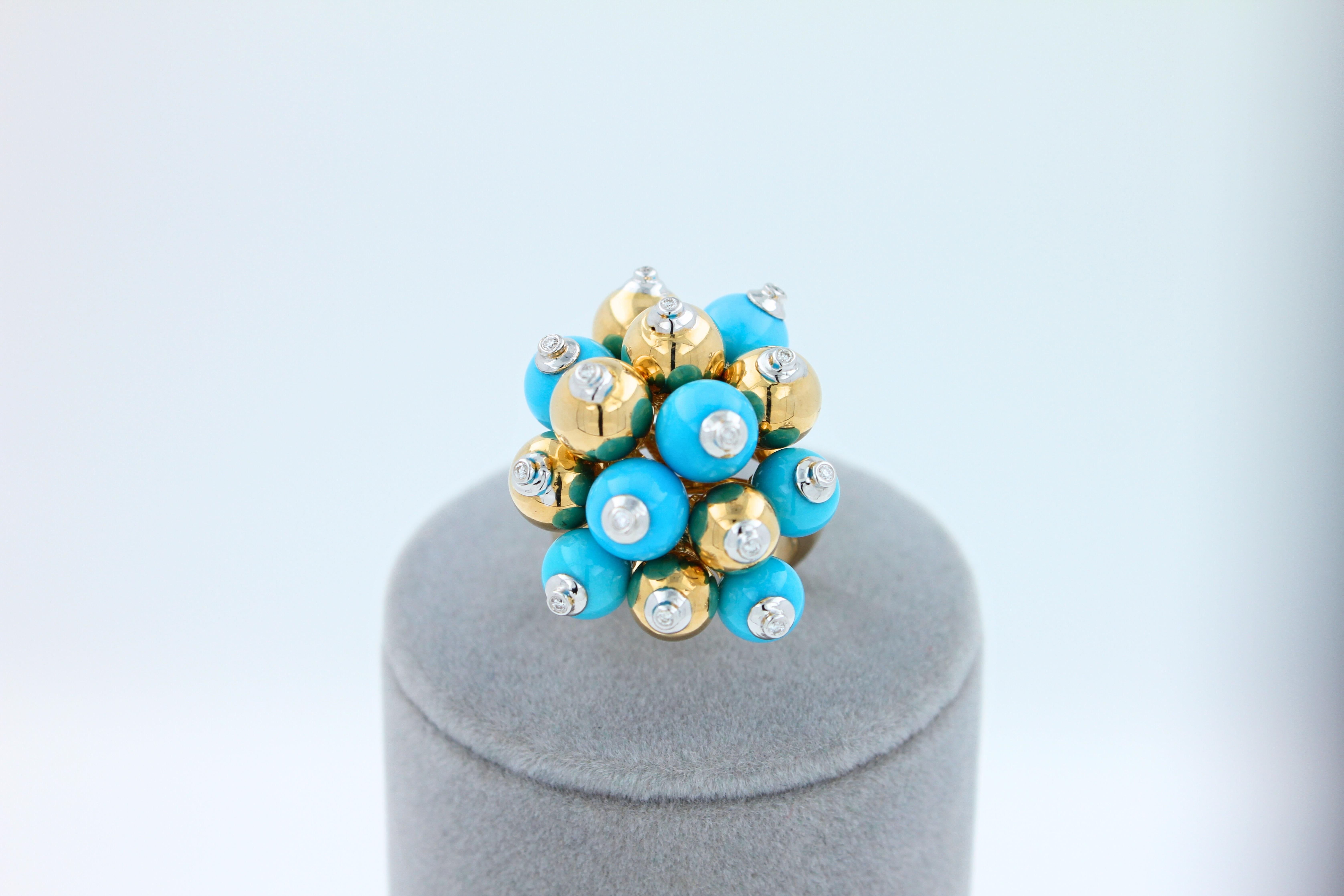Blue Turquoise Diamonds Golden Spheres Balls Christmas Bells Motif 18K Gold Ring For Sale 4