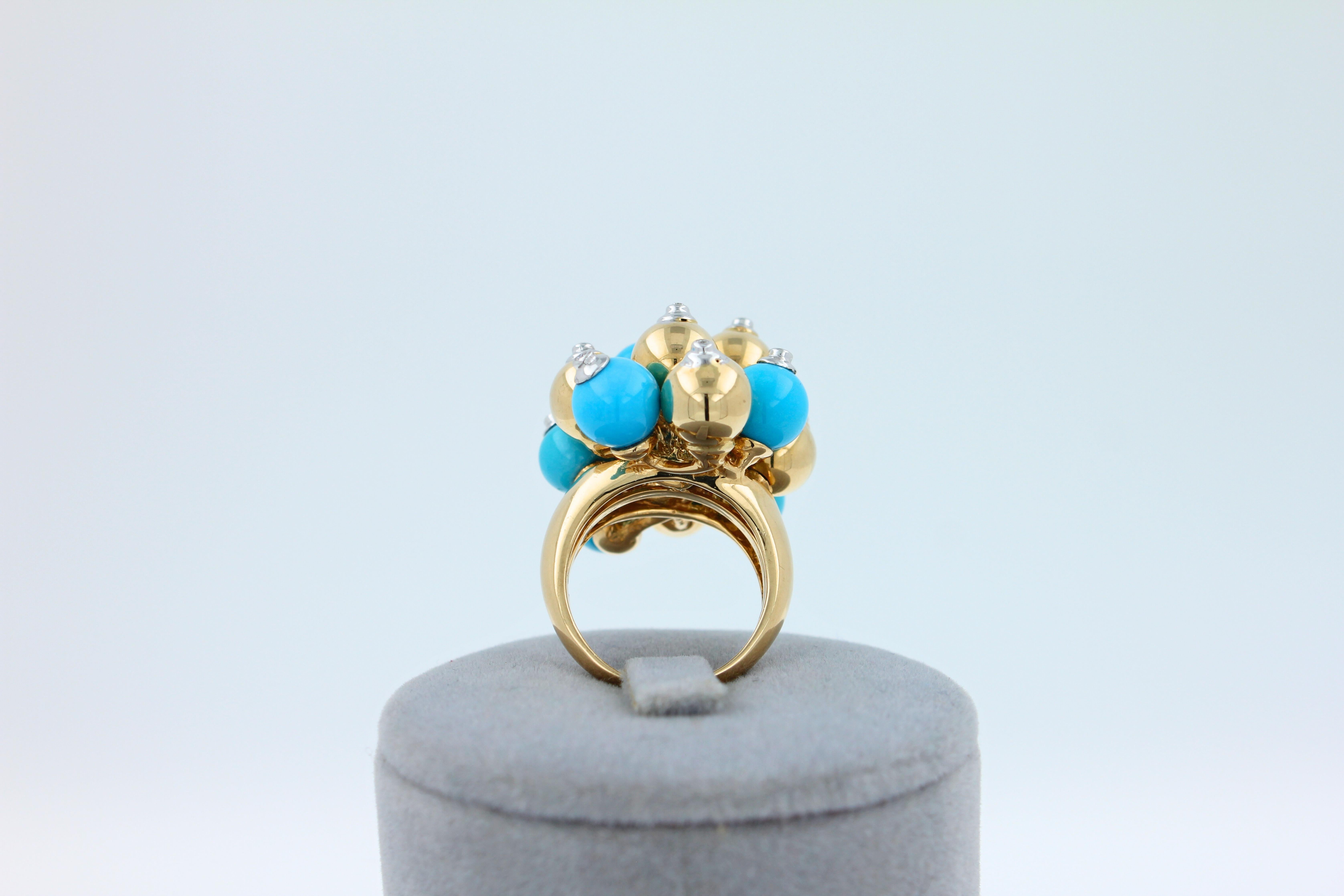 Blue Turquoise Diamonds Golden Spheres Balls Christmas Bells Motif 18K Gold Ring For Sale 5