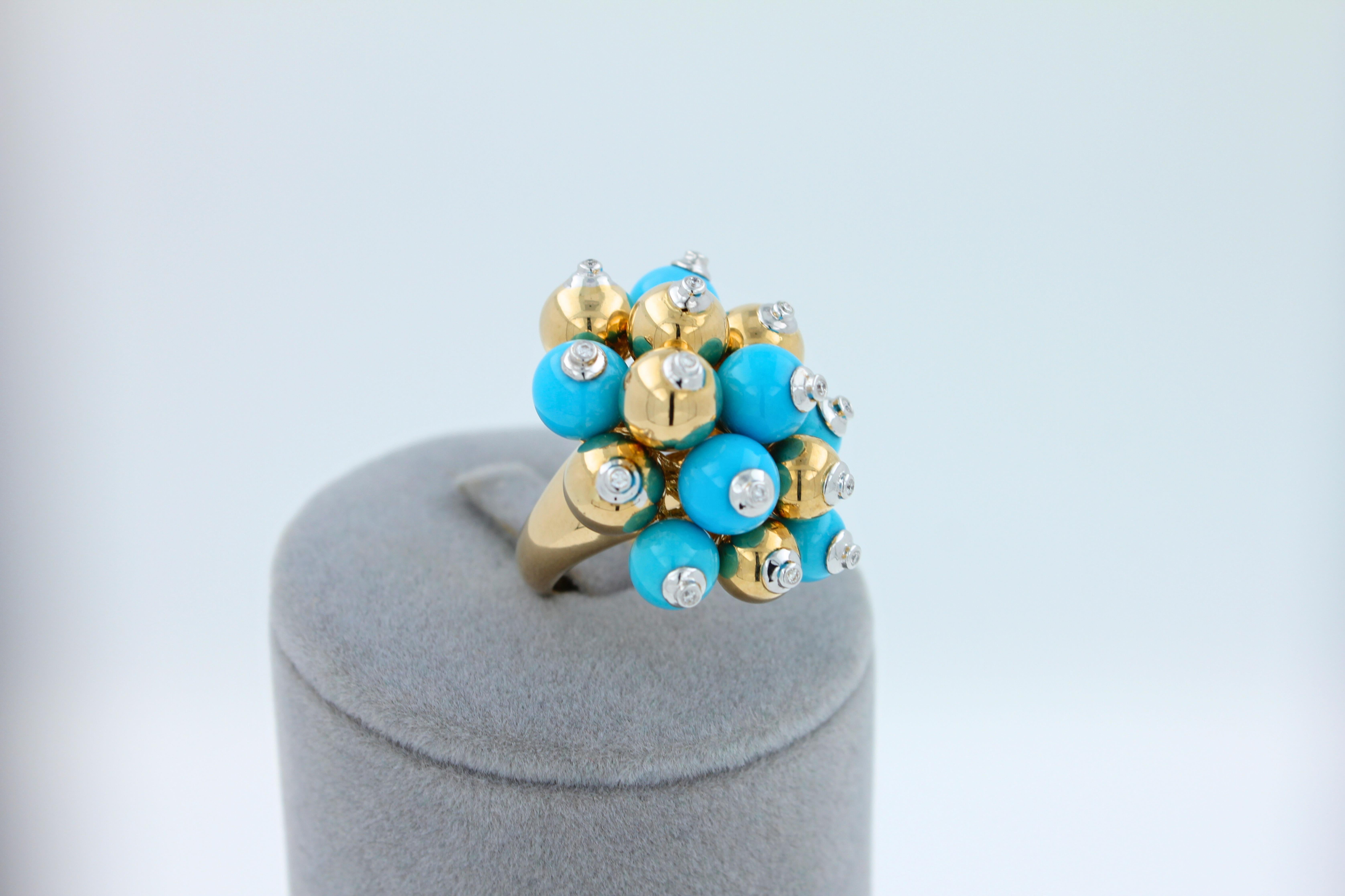 Blue Turquoise Diamonds Golden Spheres Balls Christmas Bells Motif 18K Gold Ring For Sale 6