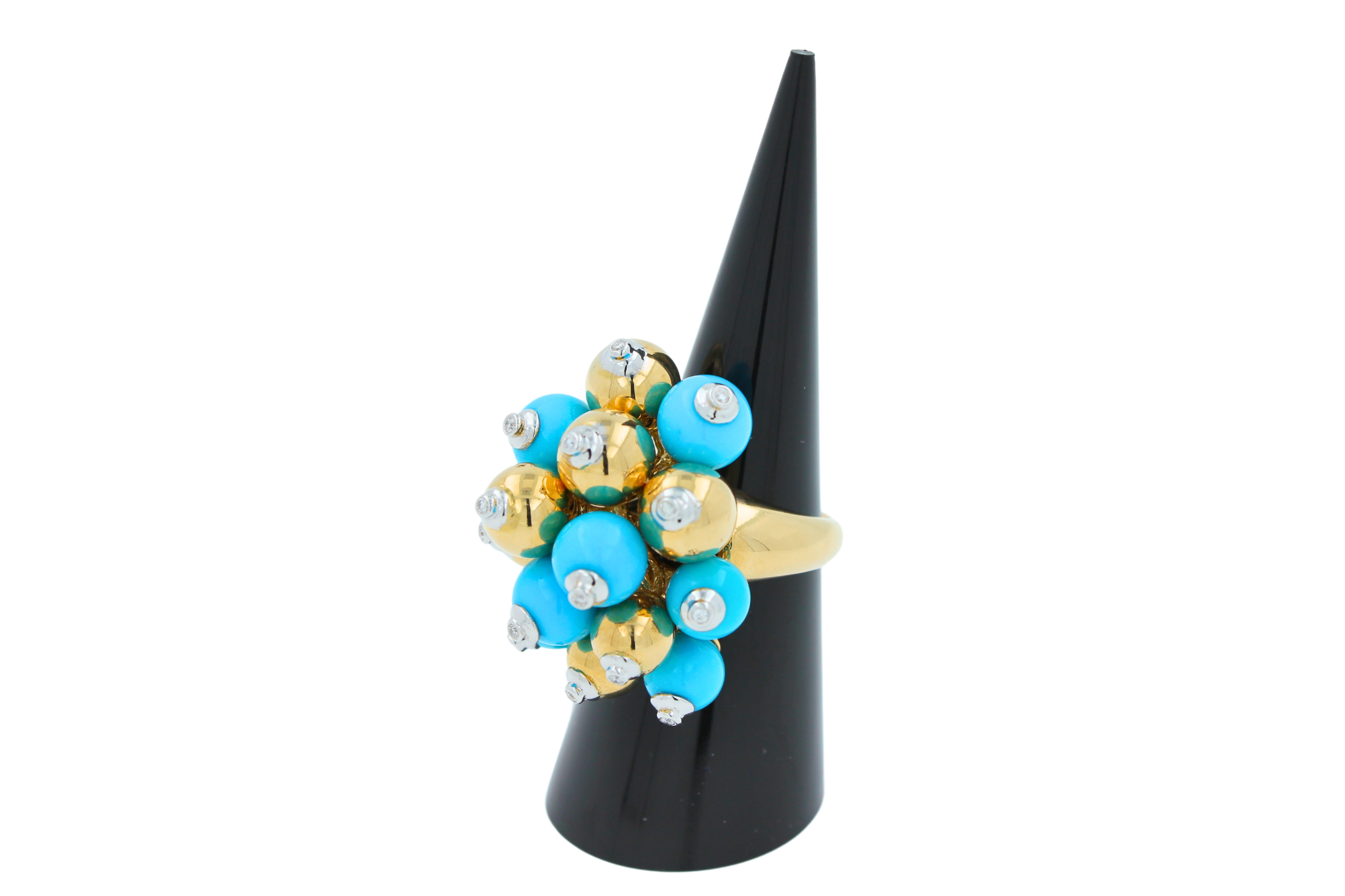 Blue Turquoise Diamonds Golden Spheres Balls Christmas Bells Motif 18K Gold Ring For Sale 8