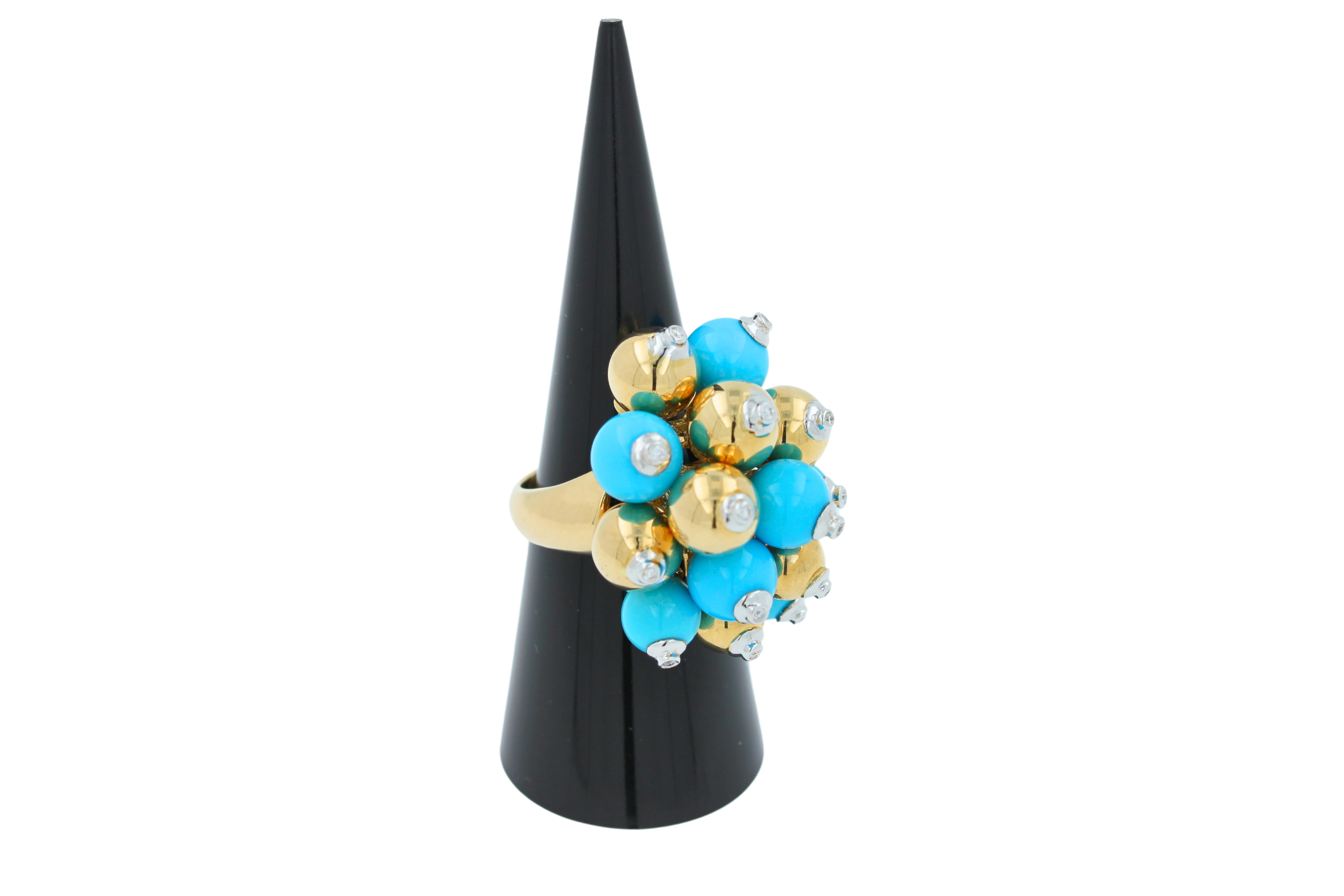 Blue Turquoise Diamonds Golden Spheres Balls Christmas Bells Motif 18K Gold Ring For Sale 9
