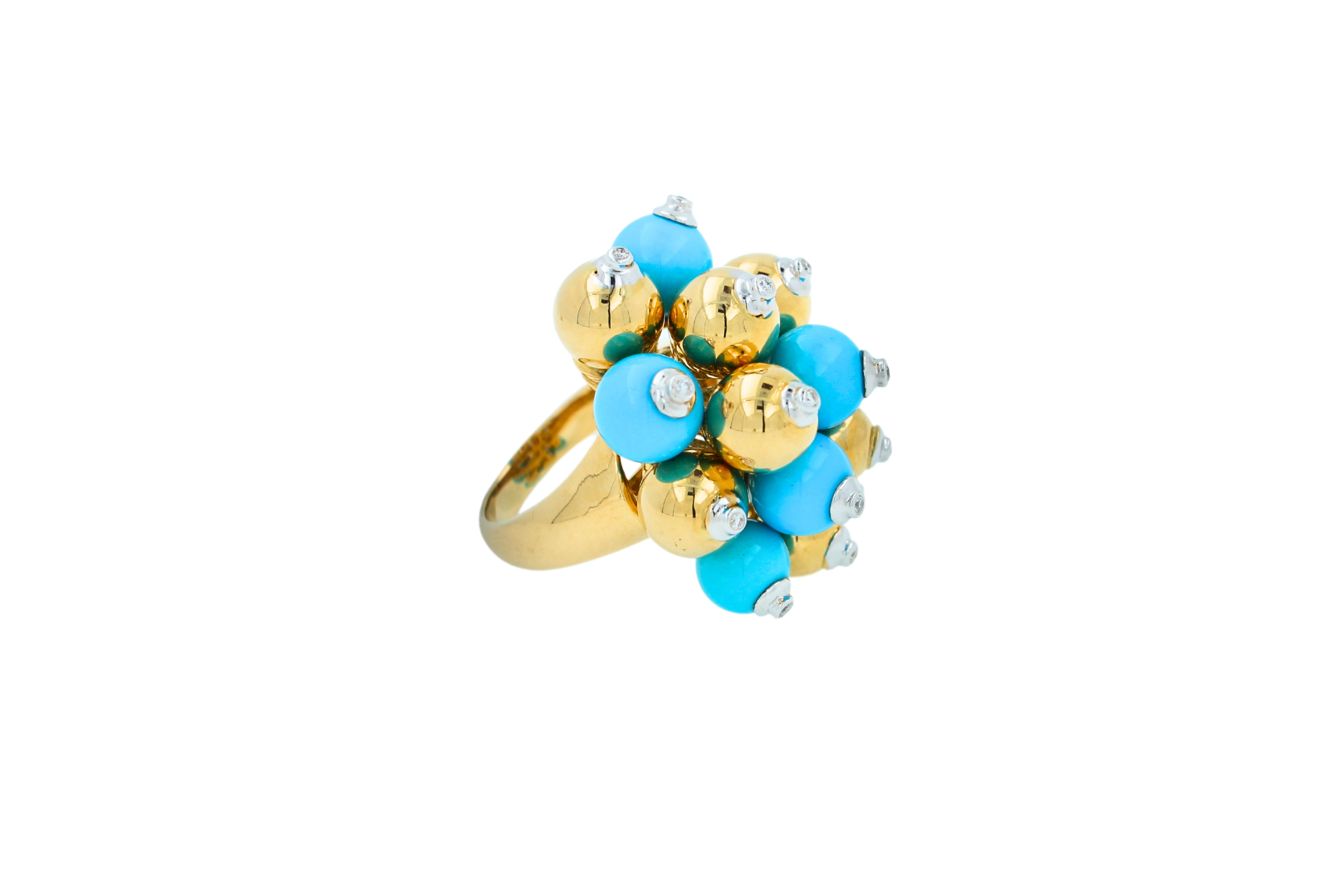 Size 7 
21 Grams
18K Yellow Gold
Turquoise Gemstone Spheres
0.15 cts Diamonds F/VS
3 cm front length dimension