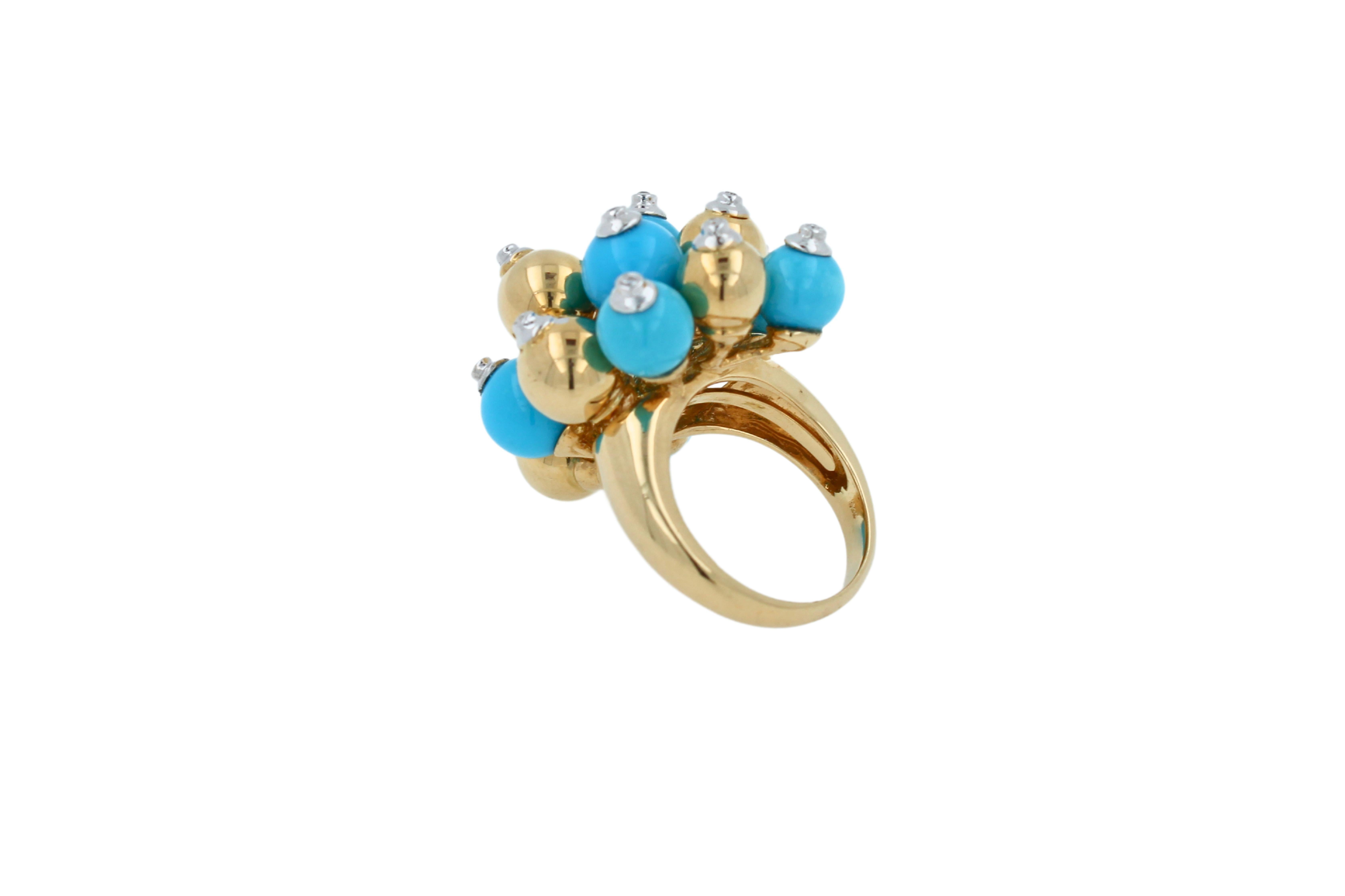Modern Blue Turquoise Diamonds Golden Spheres Balls Christmas Bells Motif 18K Gold Ring For Sale