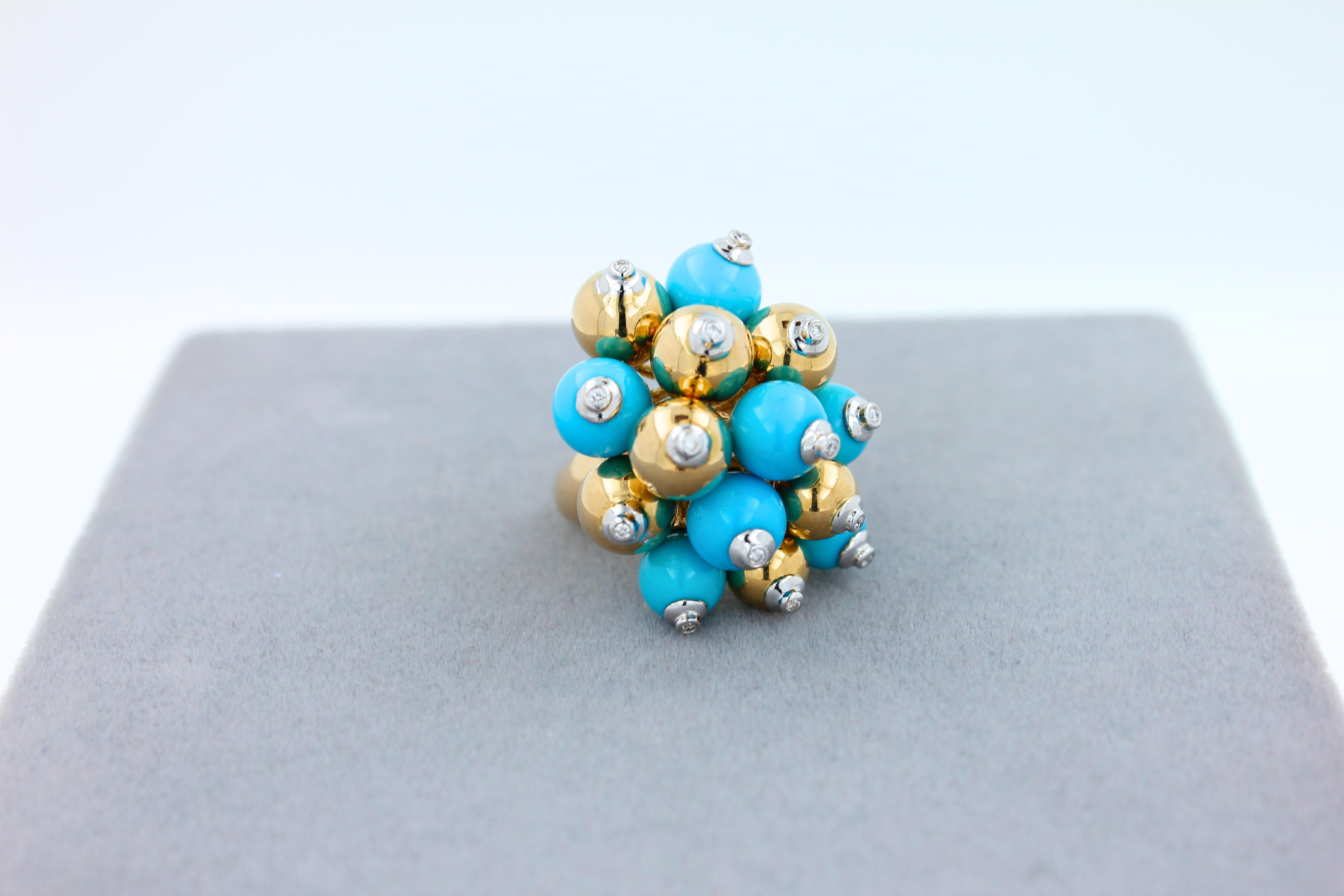 Mixed Cut Blue Turquoise Diamonds Golden Spheres Balls Christmas Bells Motif 18K Gold Ring For Sale