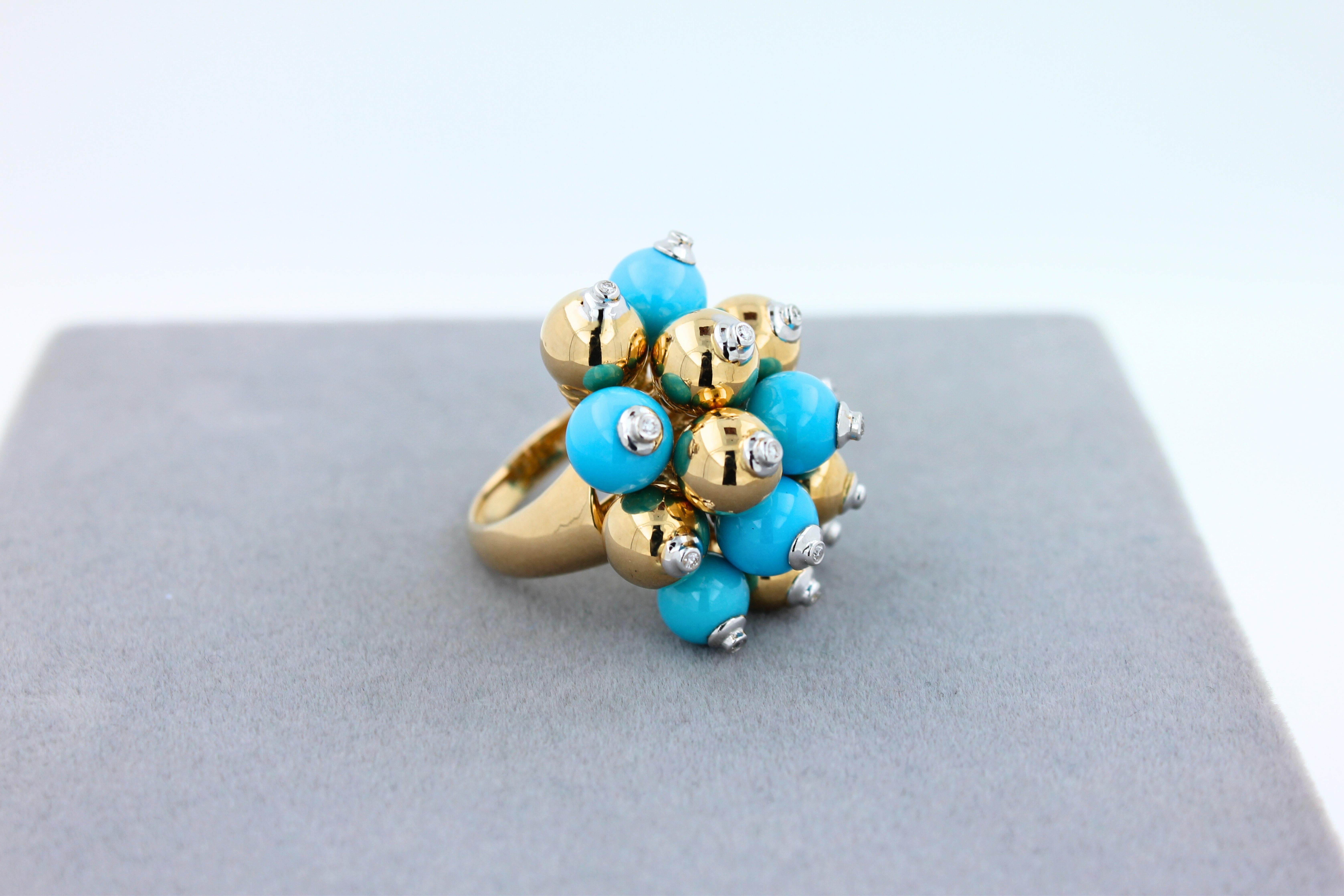 Blue Turquoise Diamonds Golden Spheres Balls Christmas Bells Motif 18K Gold Ring In New Condition For Sale In Fairfax, VA