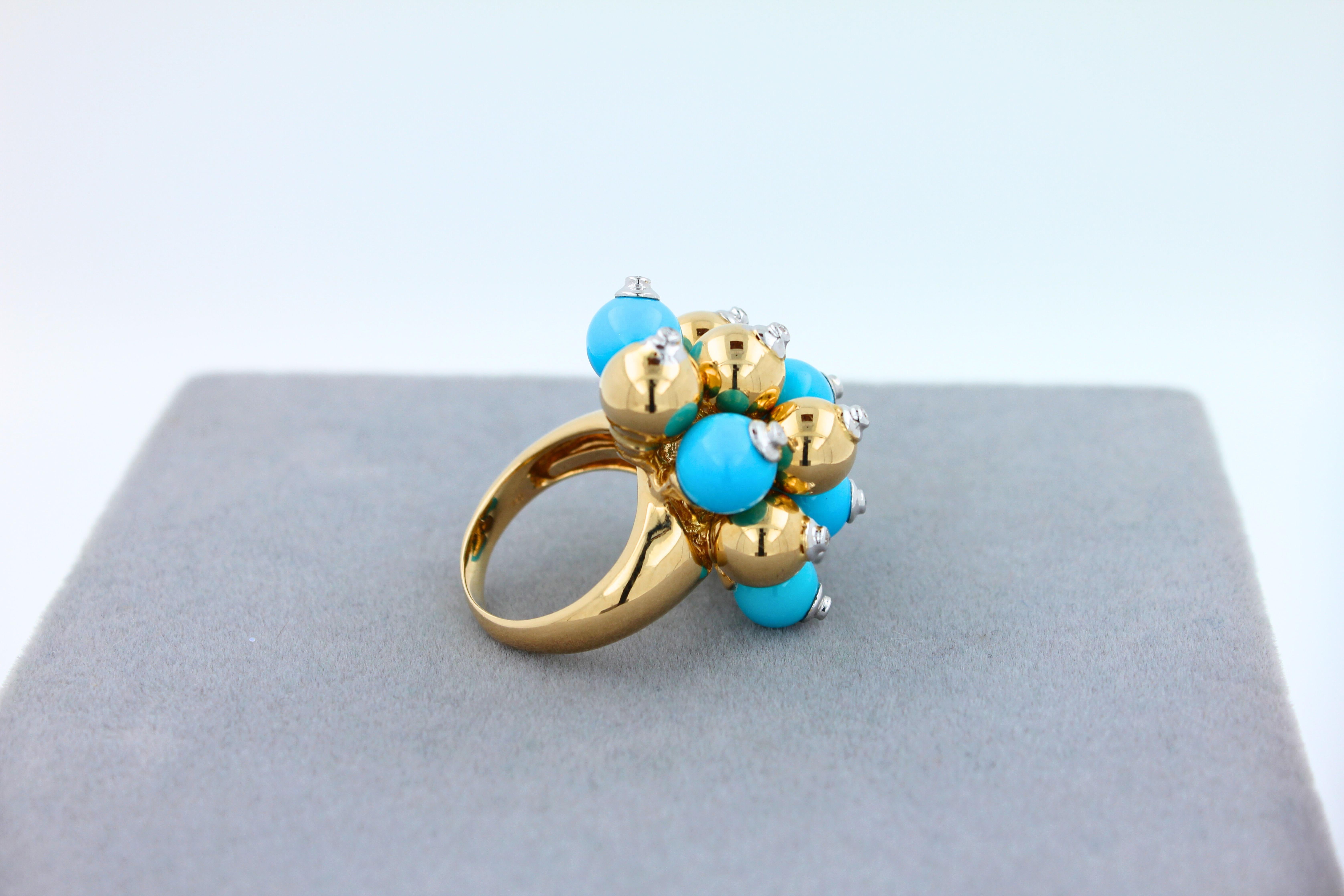 Women's Blue Turquoise Diamonds Golden Spheres Balls Christmas Bells Motif 18K Gold Ring For Sale