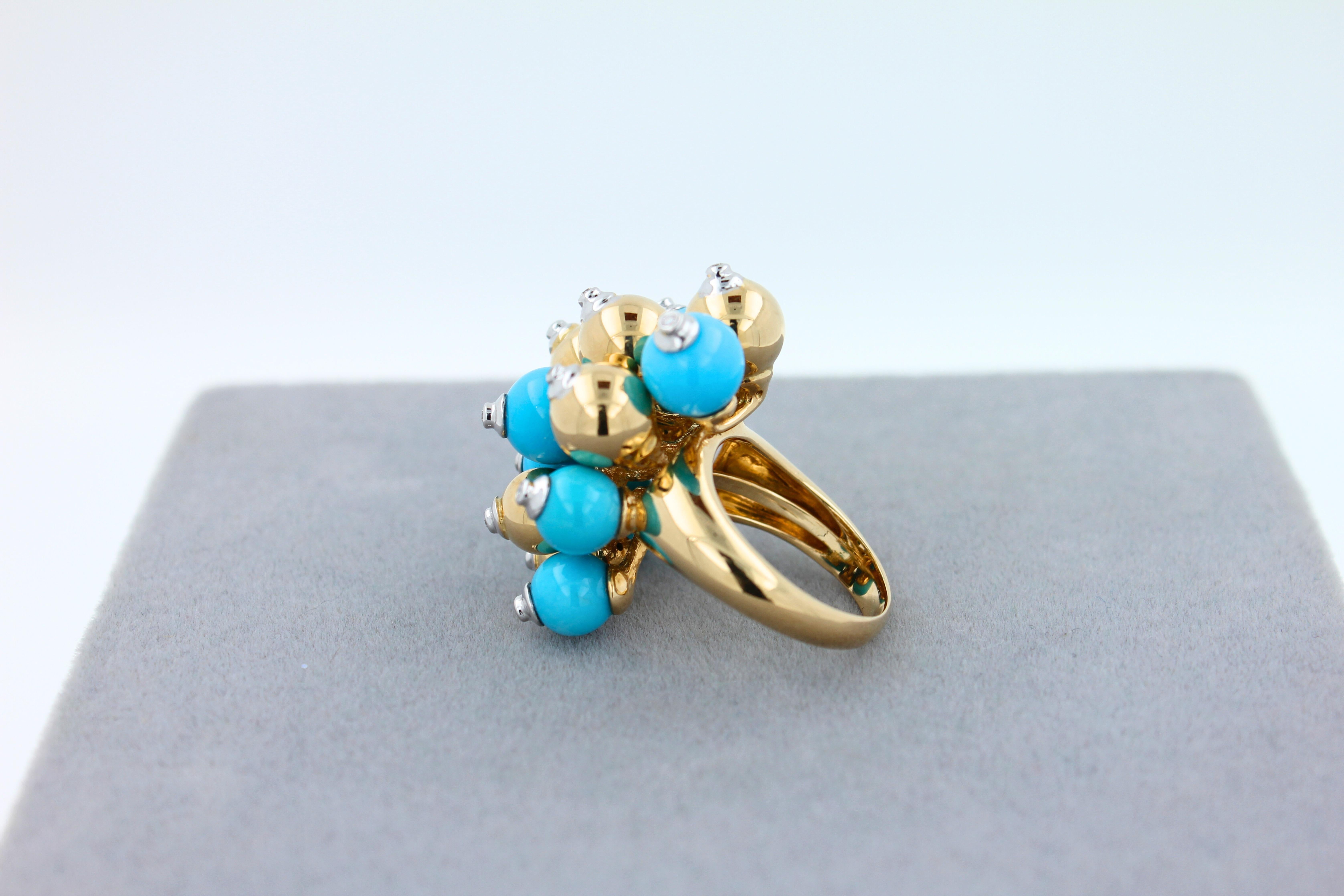 Blue Turquoise Diamonds Golden Spheres Balls Christmas Bells Motif 18K Gold Ring For Sale 2