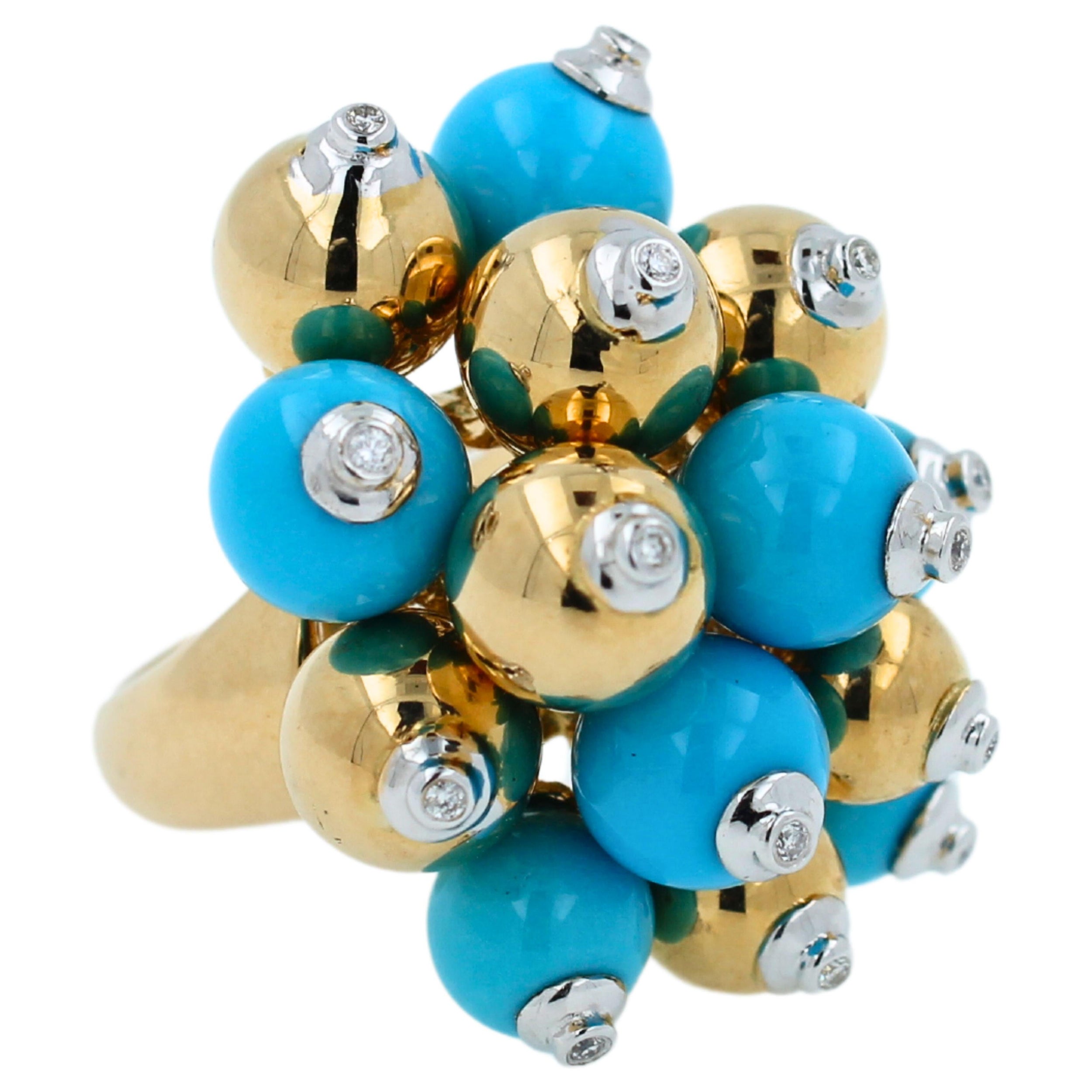 Anello in oro 18 carati con diamanti blu turchese e sfere d'oro con motivi di campane di Natale in vendita