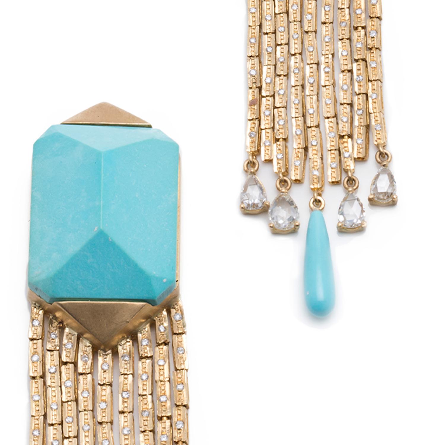 Pear Cut 21st Century Blue Turquoise Yellow Gold Diamonds Drop Earrings Persian Deco For Sale