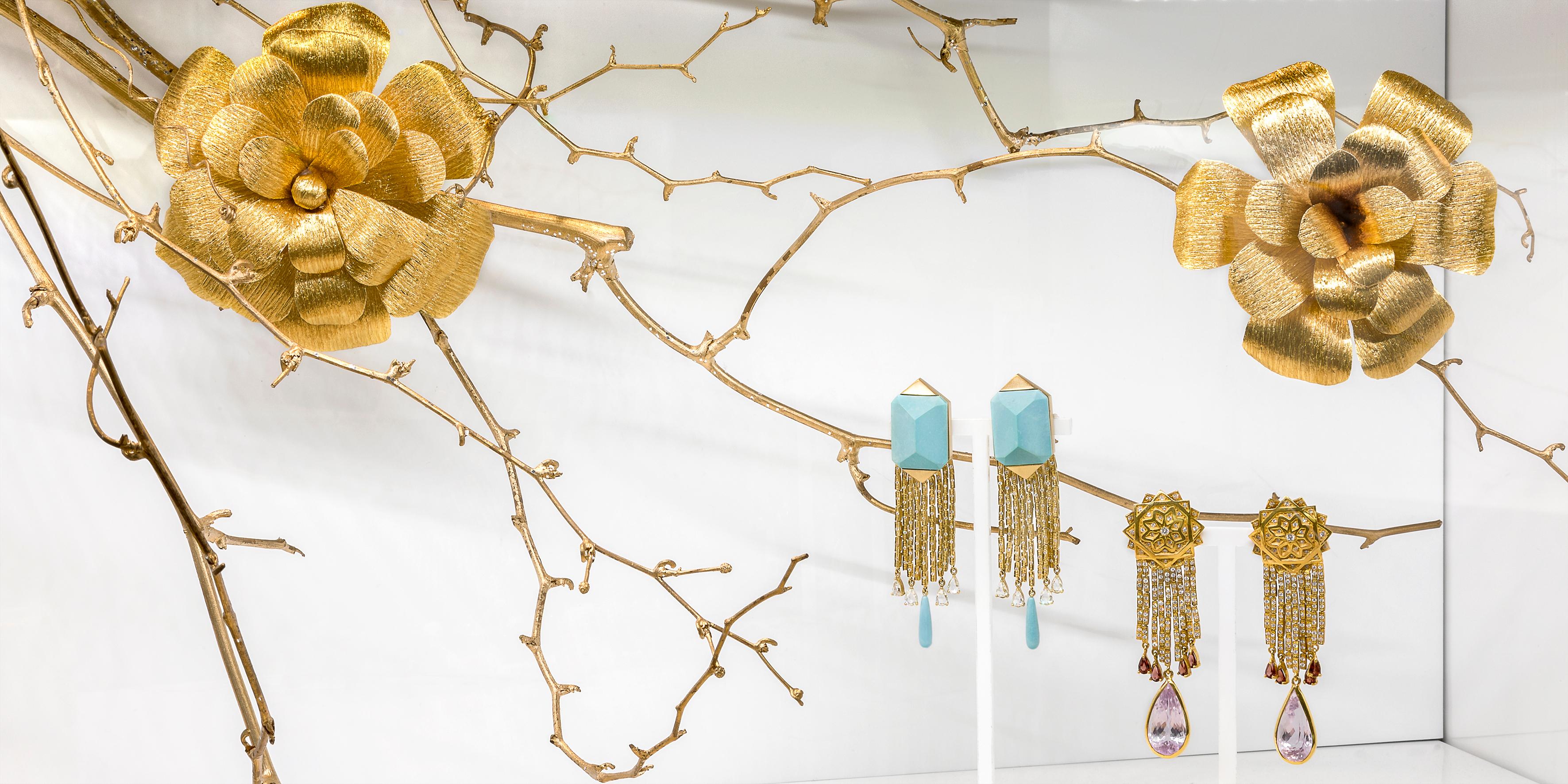 21st Century Blue Turquoise Yellow Gold Diamonds Drop Earrings Persian Deco For Sale 1