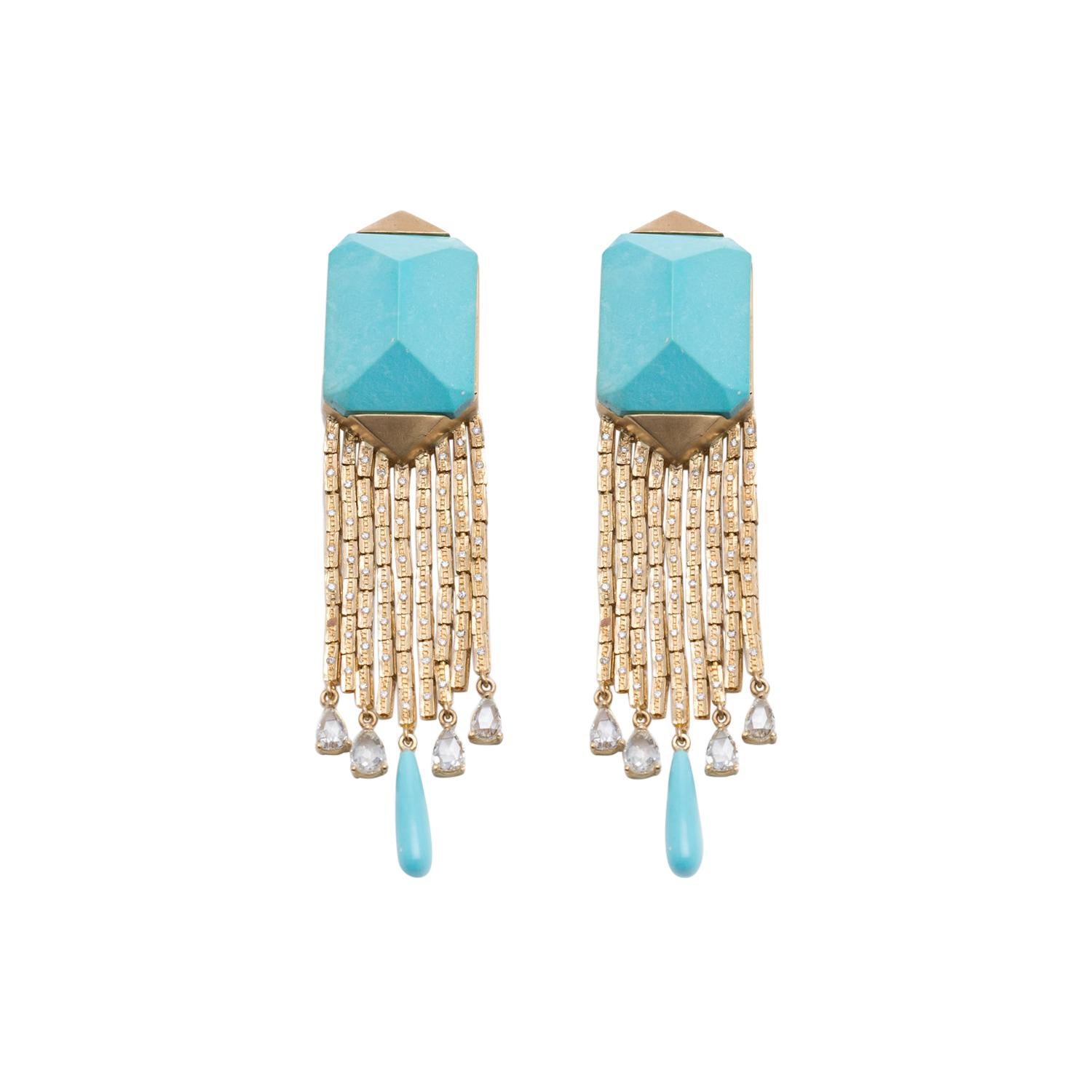 21st Century Blue Turquoise Yellow Gold Diamonds Drop Earrings Persian Deco For Sale