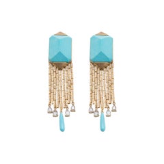 21st Century Blue Turquoise Yellow Gold Diamonds Drop Earrings Persian Deco