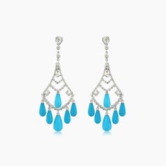 Blue Turquoise Fancy Diamond & White Diamond 18K White Gold Chandelier Earrings