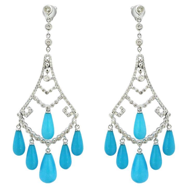 Pendientes Araña Turquesa Azul Diamante Fantasía y Diamante Blanco Oro Blanco 18K