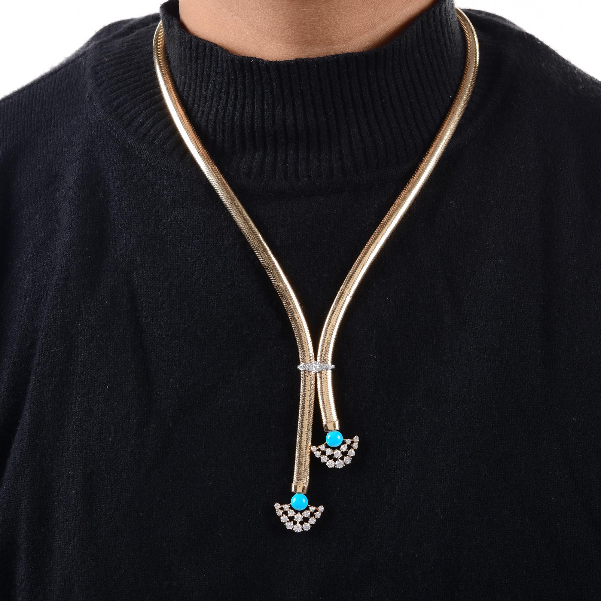 Modern Blue Turquoise H/SI Diamond Pendant 18 Karat Yellow Gold Snake Chain Necklace For Sale