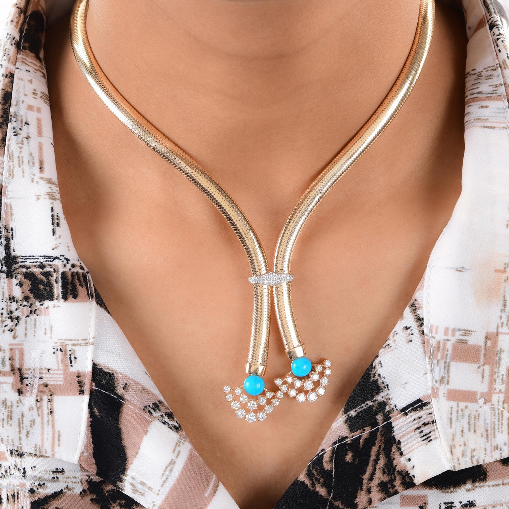 Round Cut Blue Turquoise H/SI Diamond Pendant 18 Karat Yellow Gold Snake Chain Necklace For Sale