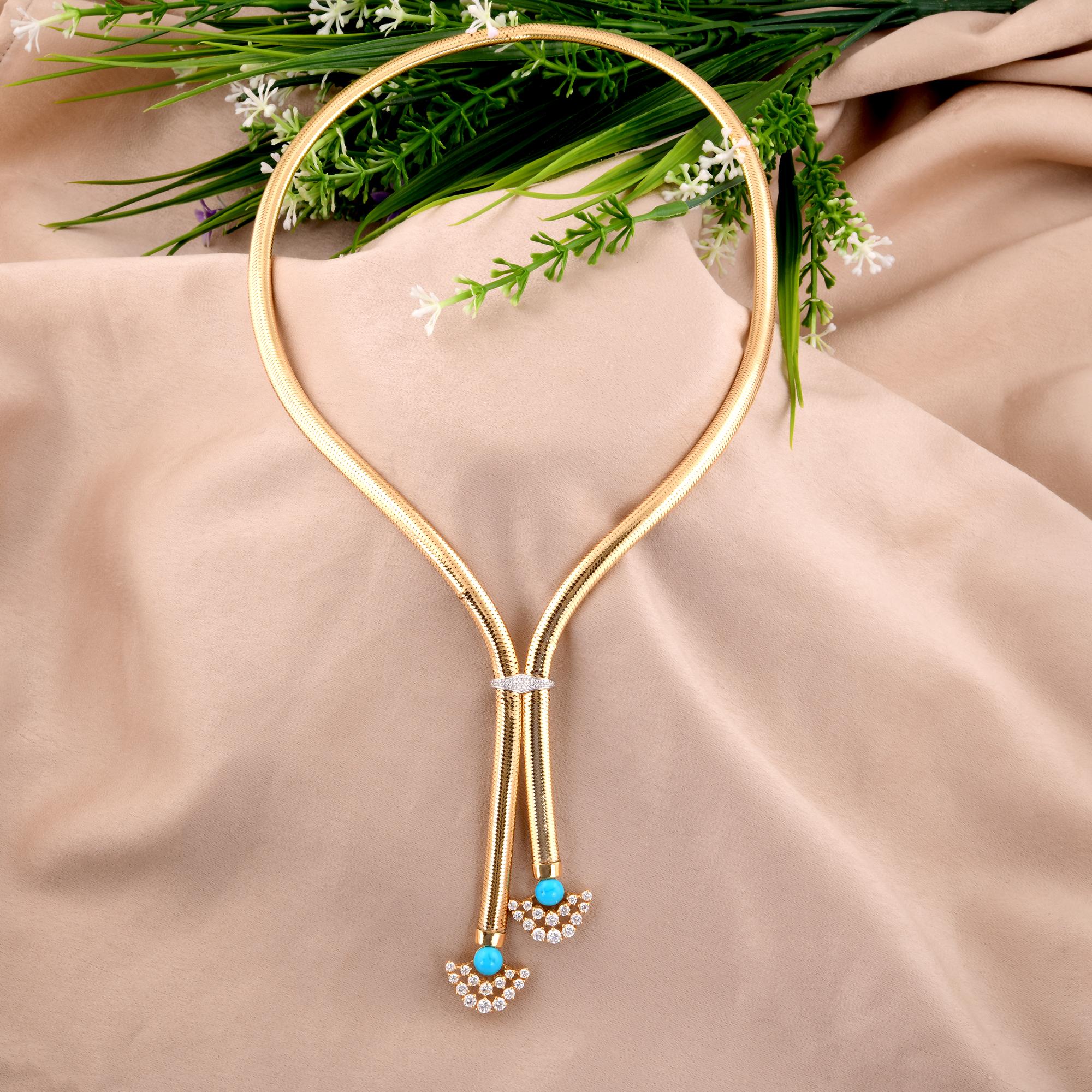 Women's Blue Turquoise H/SI Diamond Pendant 18 Karat Yellow Gold Snake Chain Necklace For Sale
