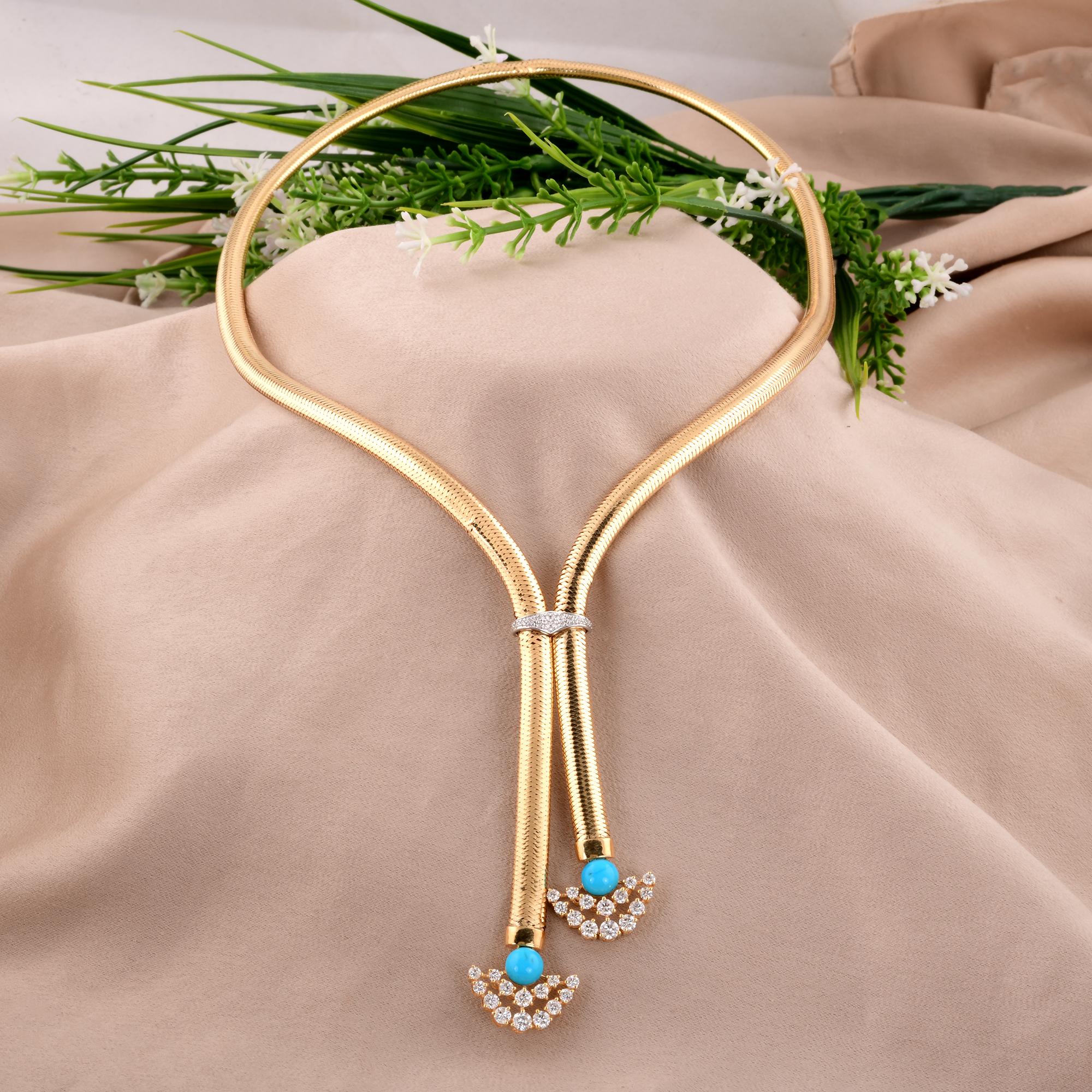 Blue Turquoise H/SI Diamond Pendant 18 Karat Yellow Gold Snake Chain Necklace For Sale 1