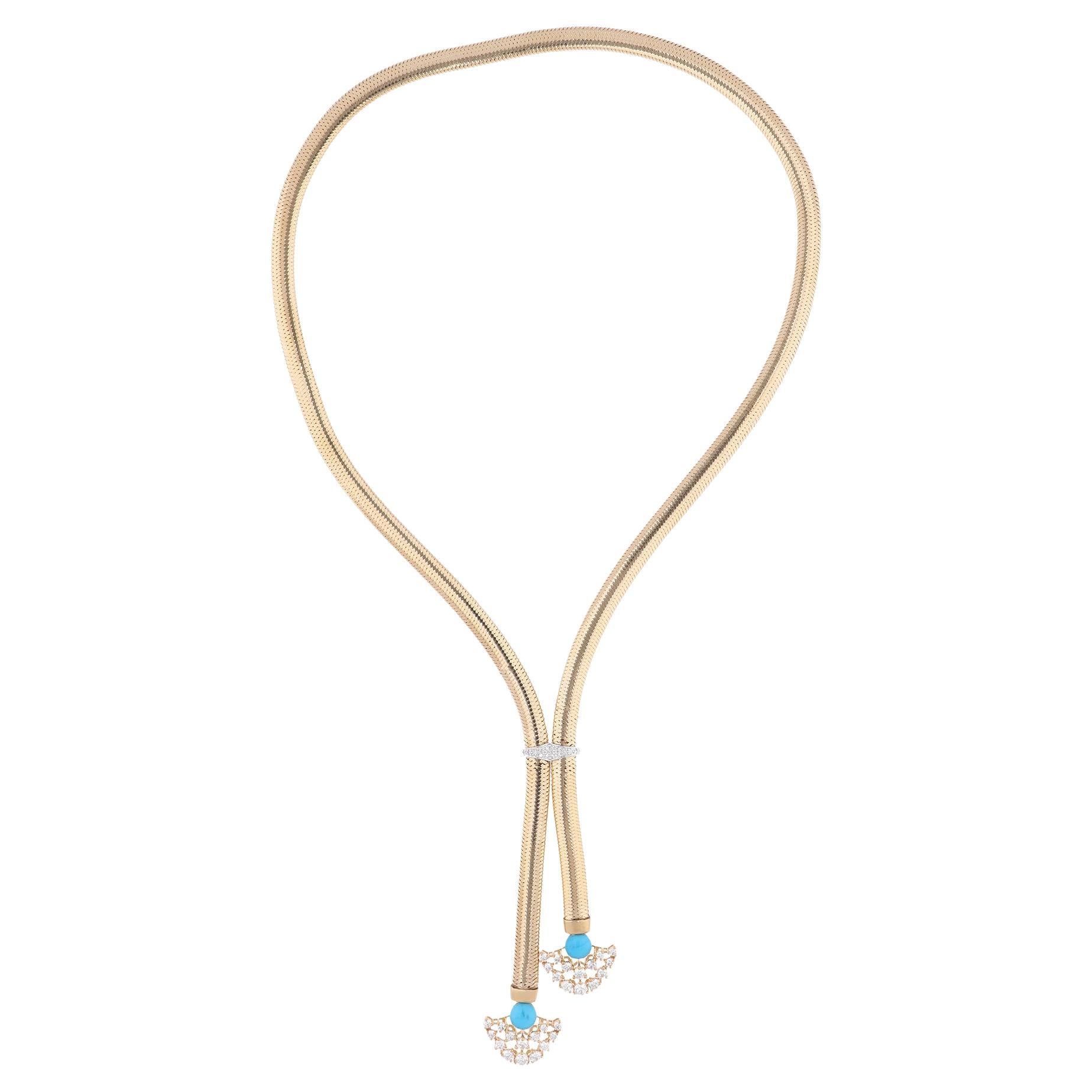 Blue Turquoise H/SI Diamond Pendant 18 Karat Yellow Gold Snake Chain Necklace For Sale
