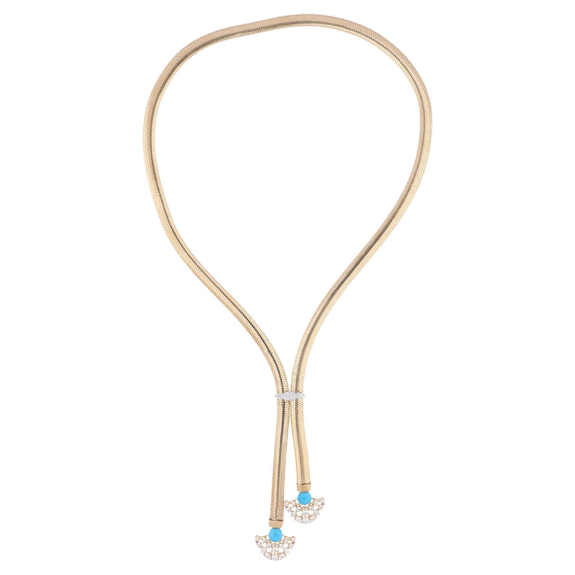 Blue Turquoise H/SI Diamond Pendant 18 Karat Yellow Gold Snake Chain Necklace For Sale