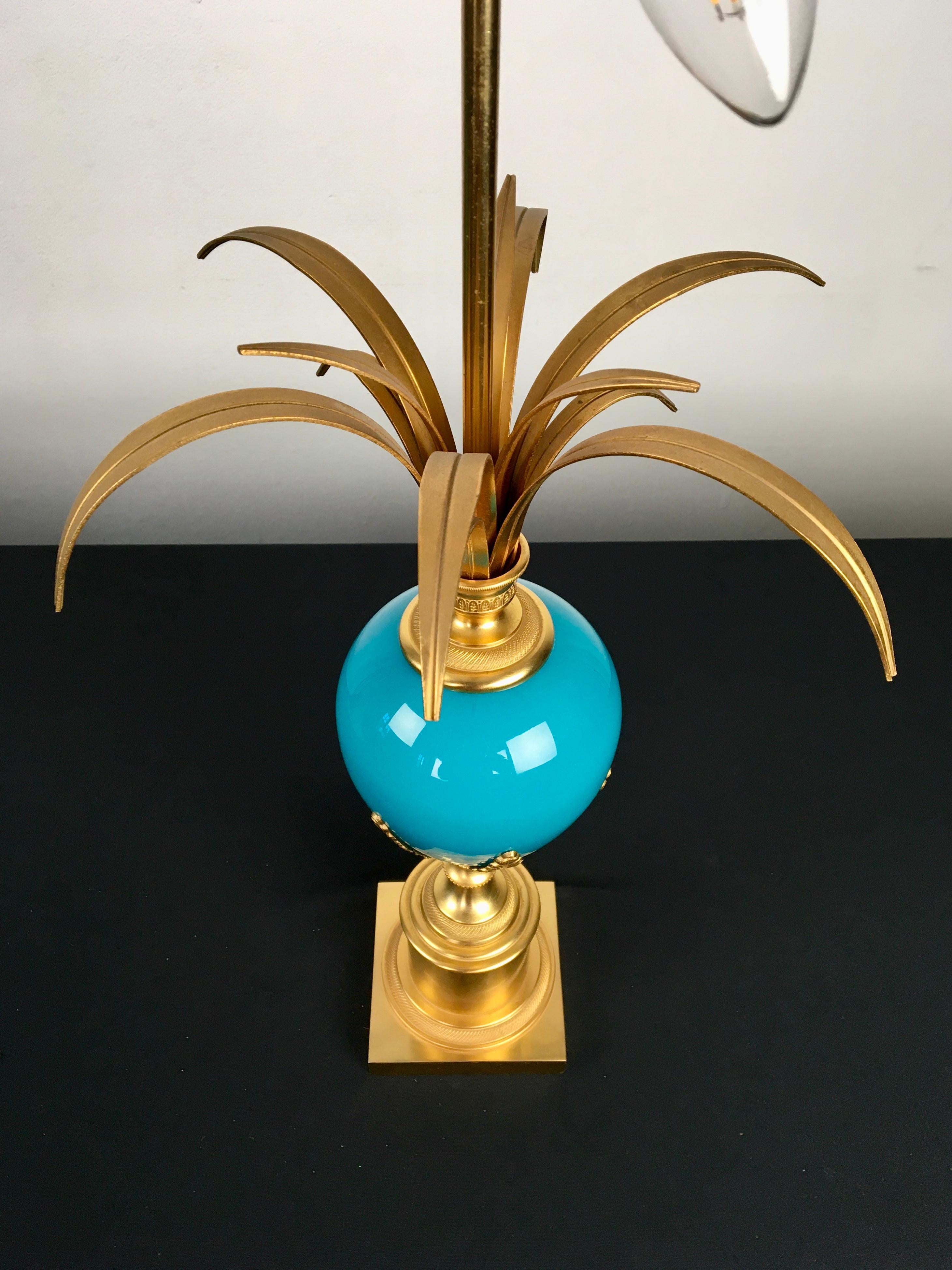 Belgian Blue Turquoise Opaline Ostrich Egg Table Lamp, S.A. Boulanger, Belgium