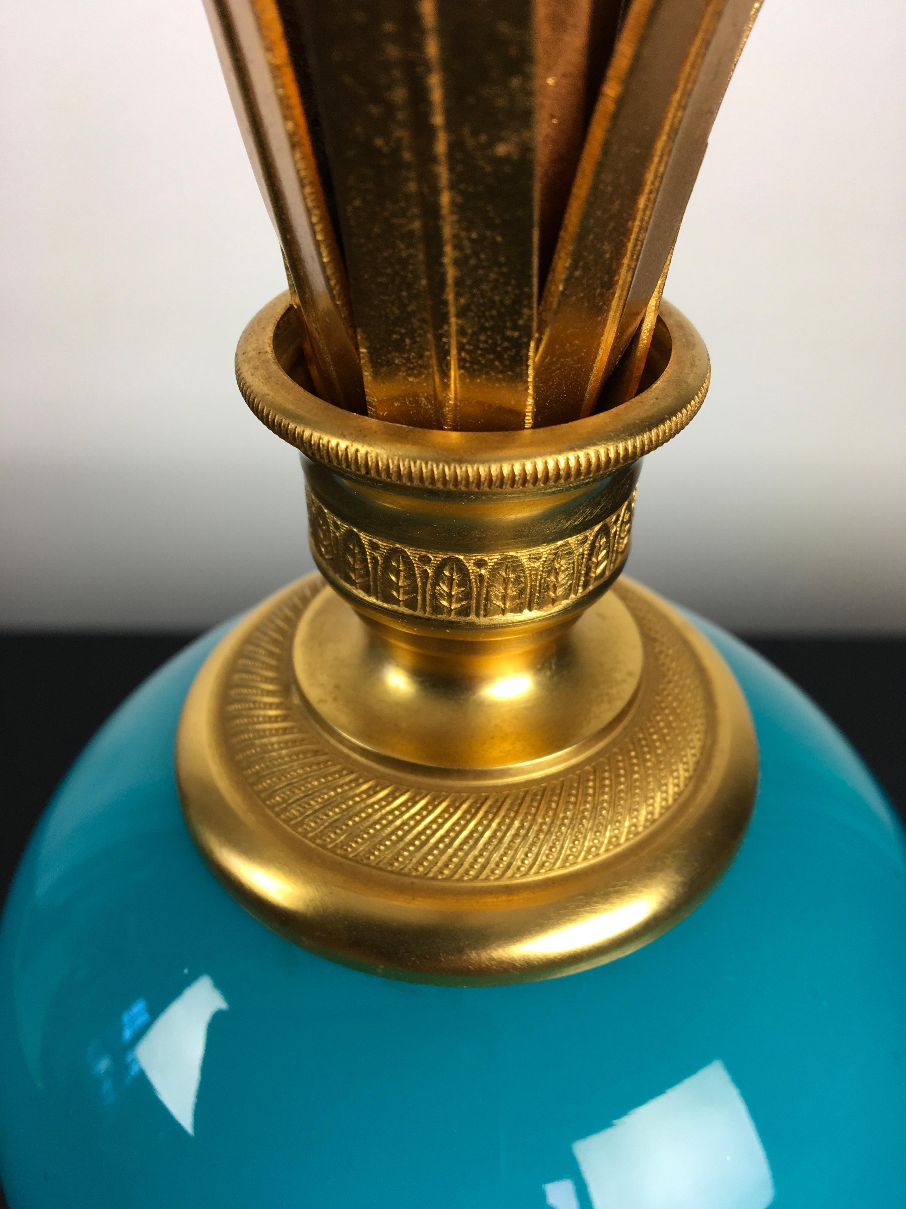 Brass Blue Turquoise Opaline Ostrich Egg Table Lamp, S.A. Boulanger, Belgium