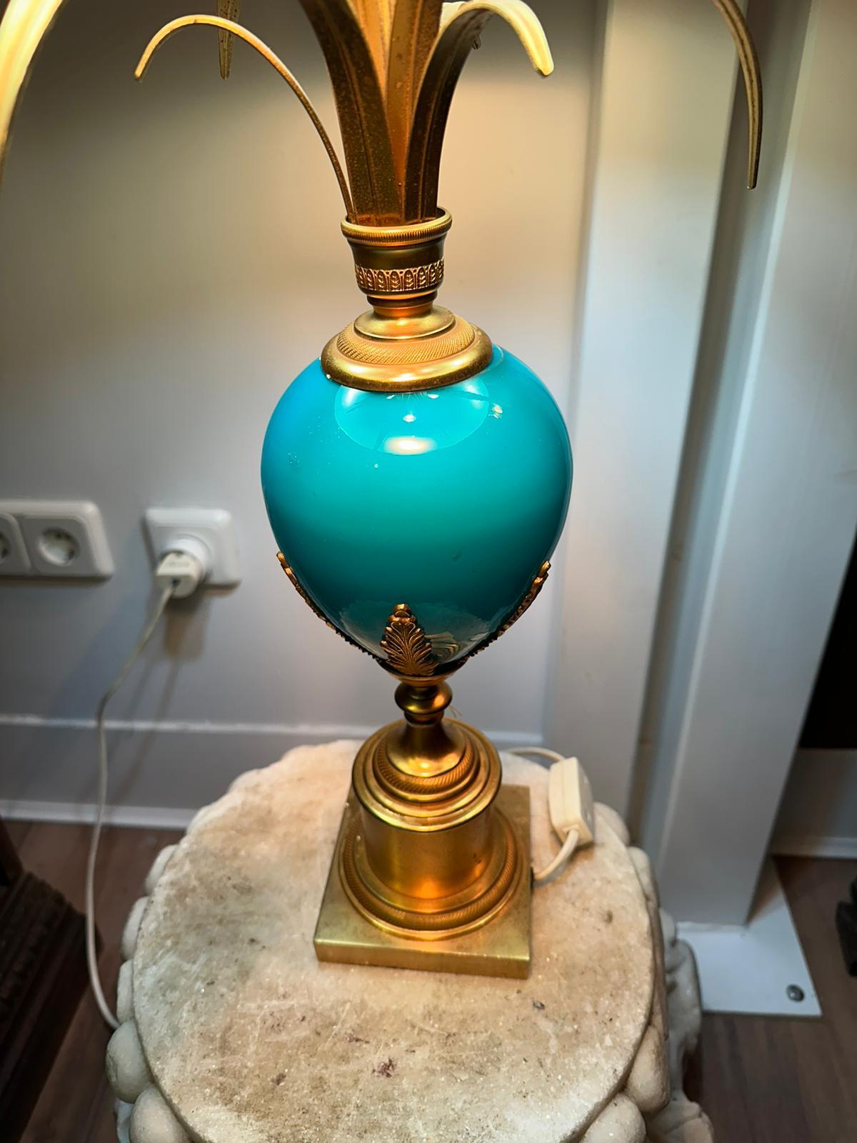 Brass Blue Turquoise Opaline Ostrich Egg Table Lamp, S.A. Boulanger For Sale