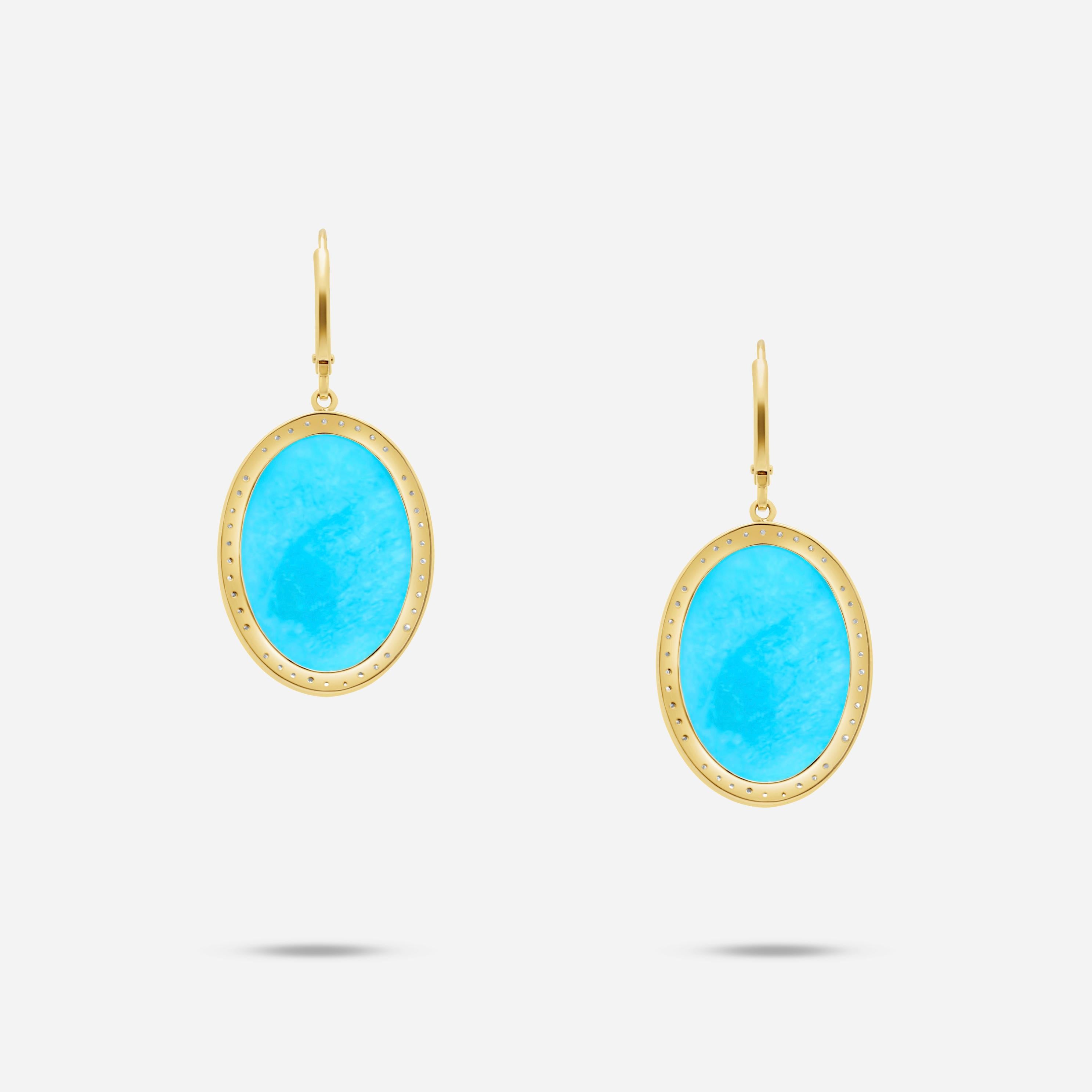 Blue Turquoise Oval Shape Cabochon Diamond Halo 18K Yellow Gold Drop Earrings
18 Karat Yellow Gold
2.00 CT Diamonds
Genuine Turquoise Cabochon Gemstones

Important Information:
Please note that this item will take 2-4 weeks to deliver - it is