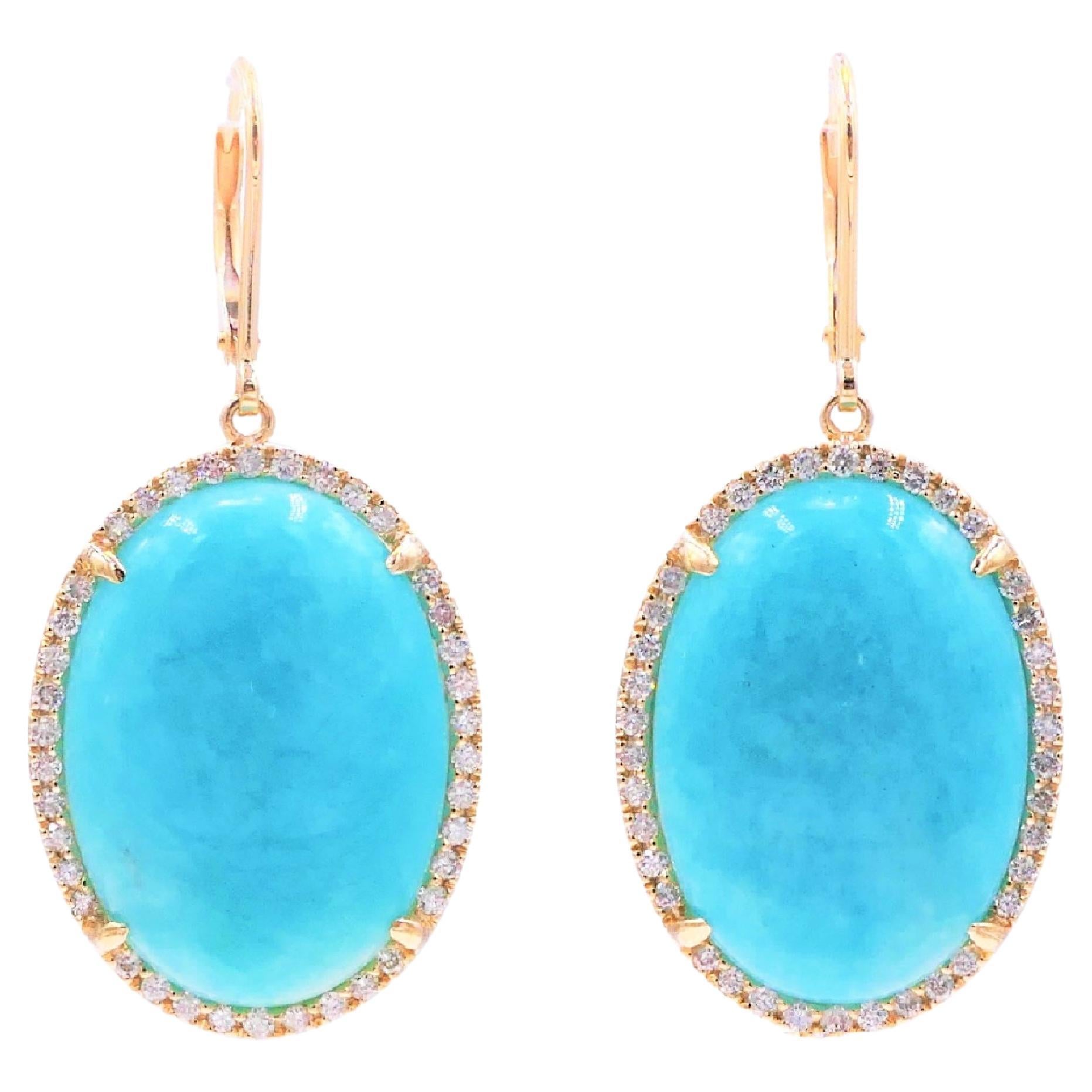 Art Deco Blue Turquoise Oval Shape Cabochon Diamond Halo 18k Yellow Gold Drop Earrings For Sale