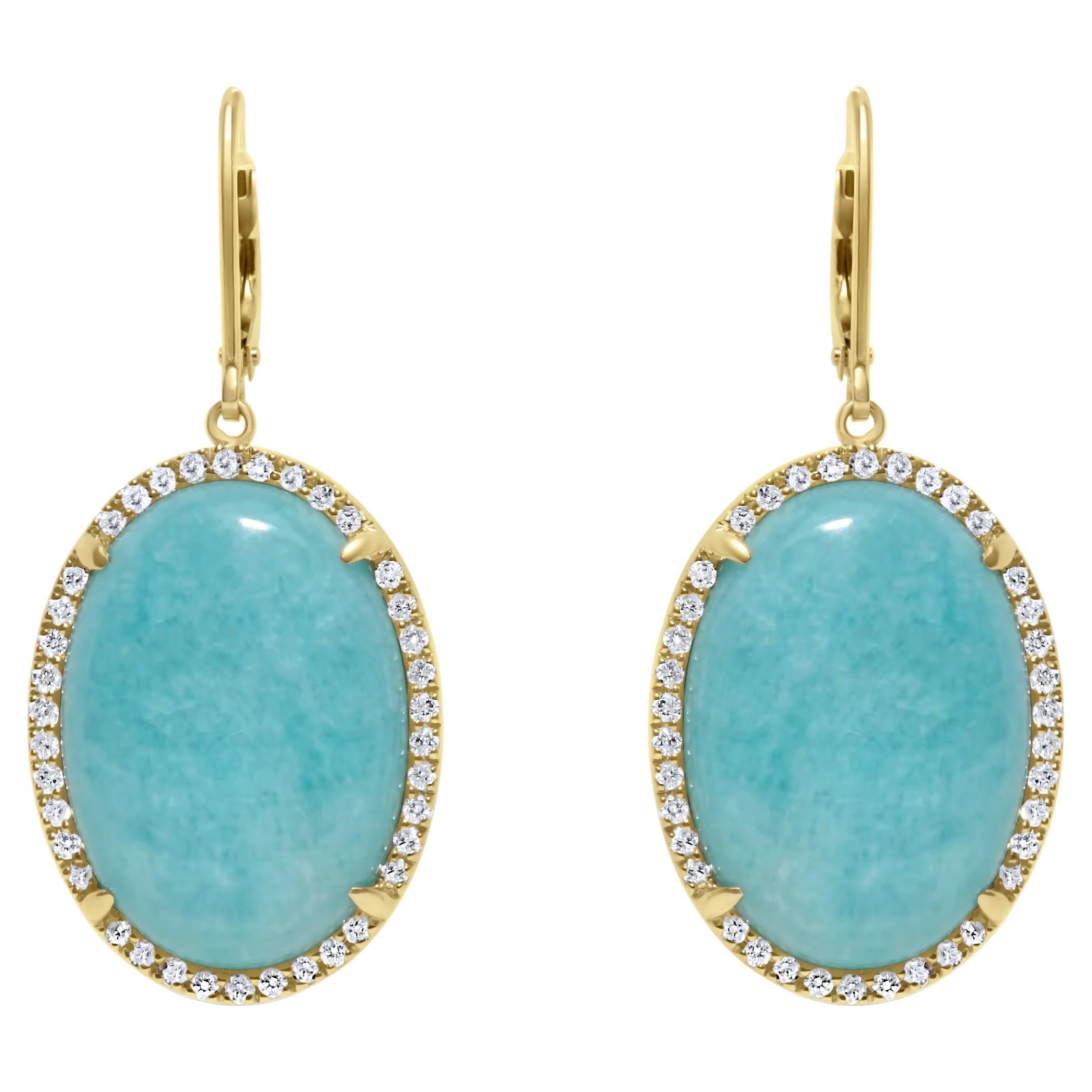 Blue Turquoise Oval Shape Cabochon Diamond Halo 18k Yellow Gold Drop Earrings For Sale