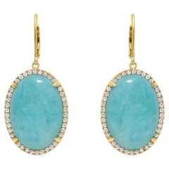 Blue Turquoise Oval Shape Cabochon Diamond Halo 18k Yellow Gold Drop Earrings