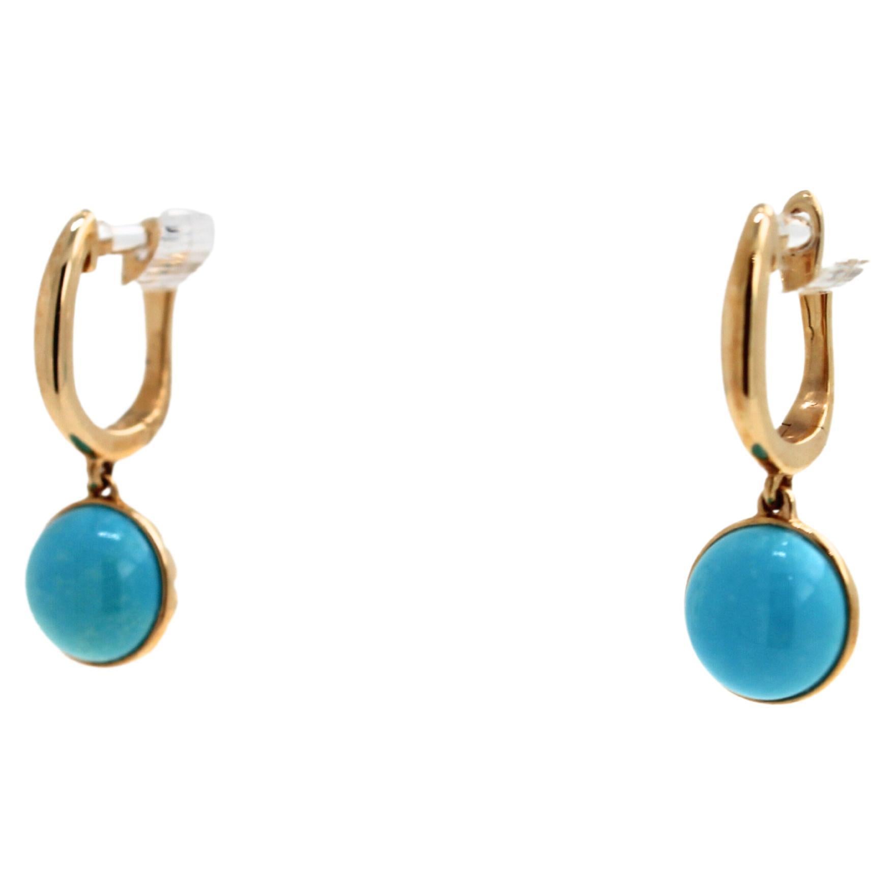 Taille ronde Boucles d'oreilles de luxe en or jaune avec cabochon de turquoise bleue et cabochon rond en vente