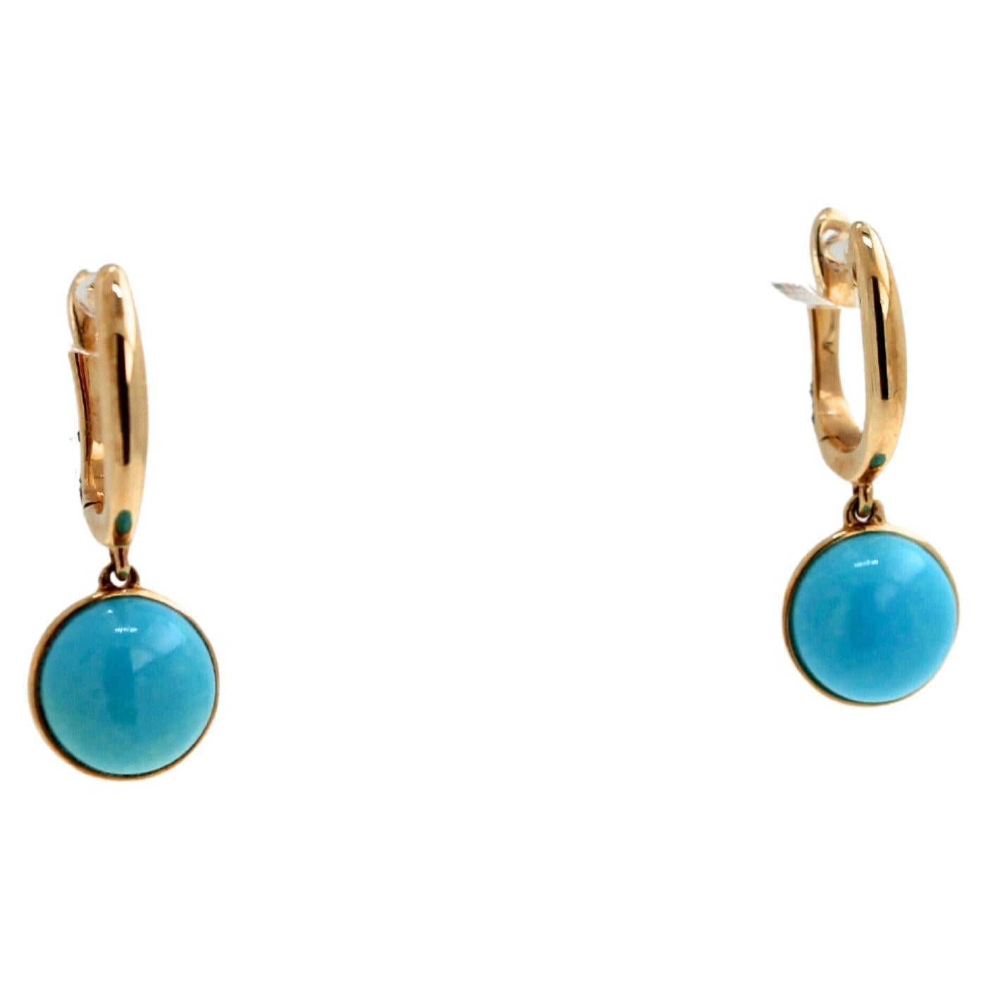 Round Cut Blue Turquoise Round Cabochon Yellow Gold Huggie Drop Statement Dainty Earrings For Sale