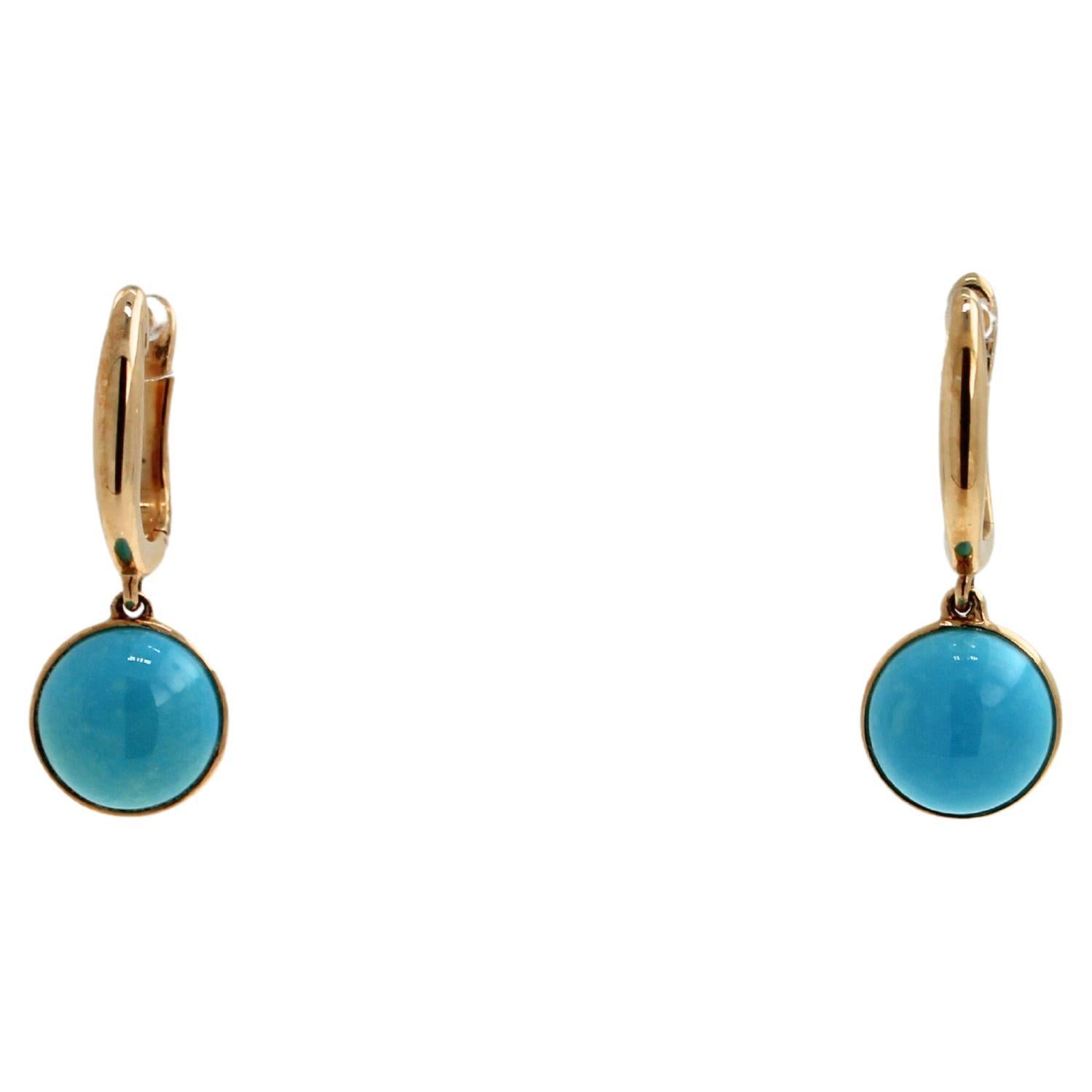 Blue Turquoise Round Cabochon Yellow Gold Huggie Drop Statement Dainty Earrings