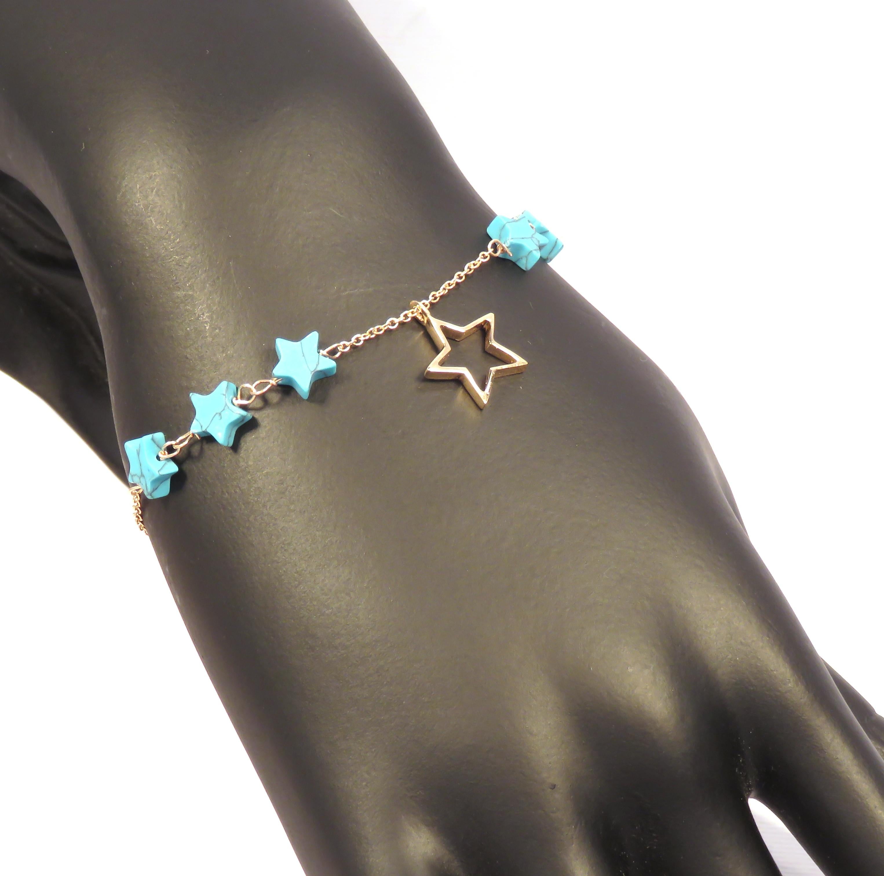 Attractive bracelet with natural blue star-cut turquoises hand-linked in 9 karat rose gold and 9 karat rose gold star charm. The bracelet length is adjustable from 170 mm to 190 mm / from 6.692 inches to 7.480 inches, it is possible to lengthen the