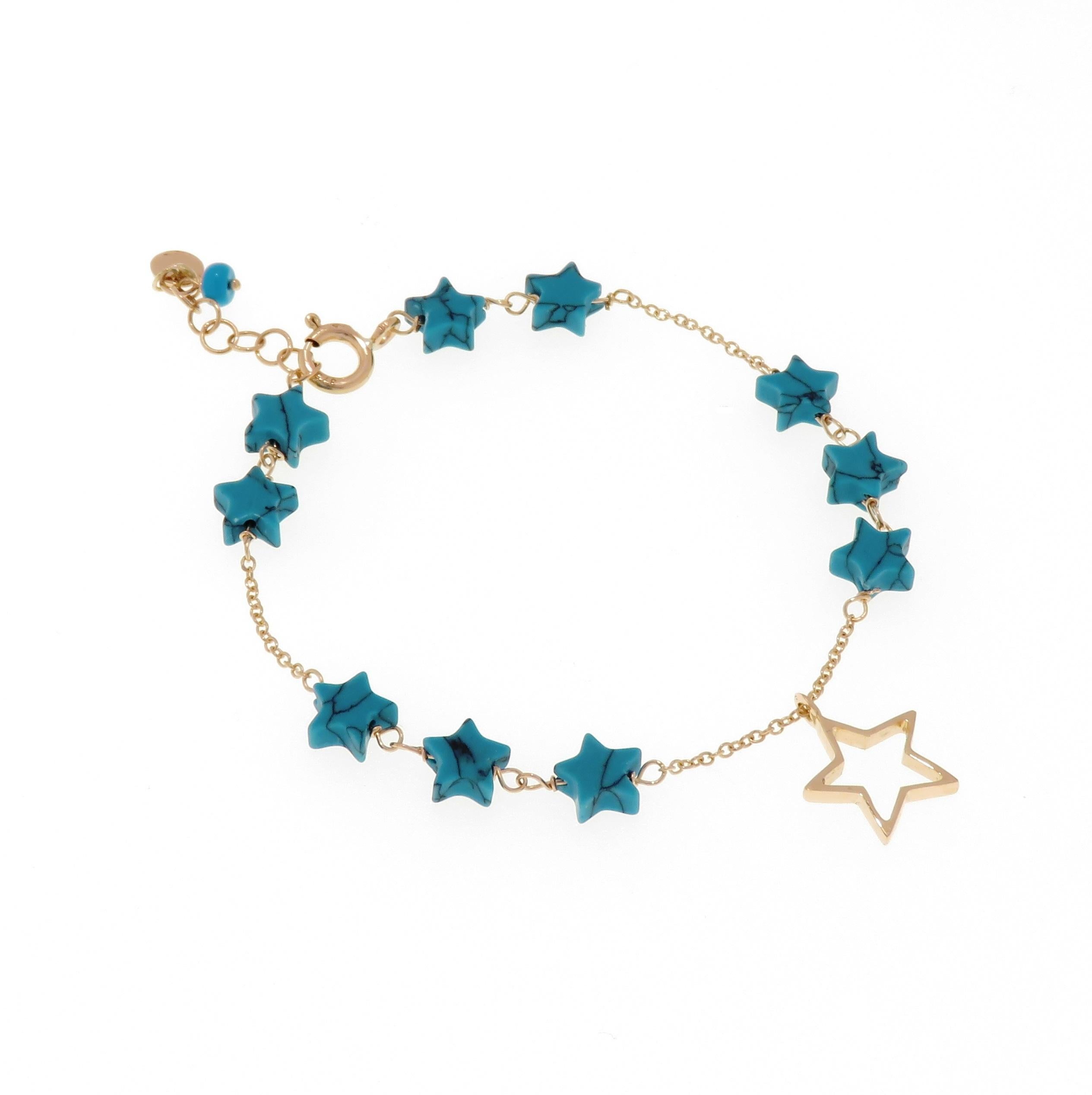 Blaue und türkisfarbene Sterne 9 Karat Roségold Stern-Charm-Armband Handgefertigt in Italien (Ungeschliffen) im Angebot