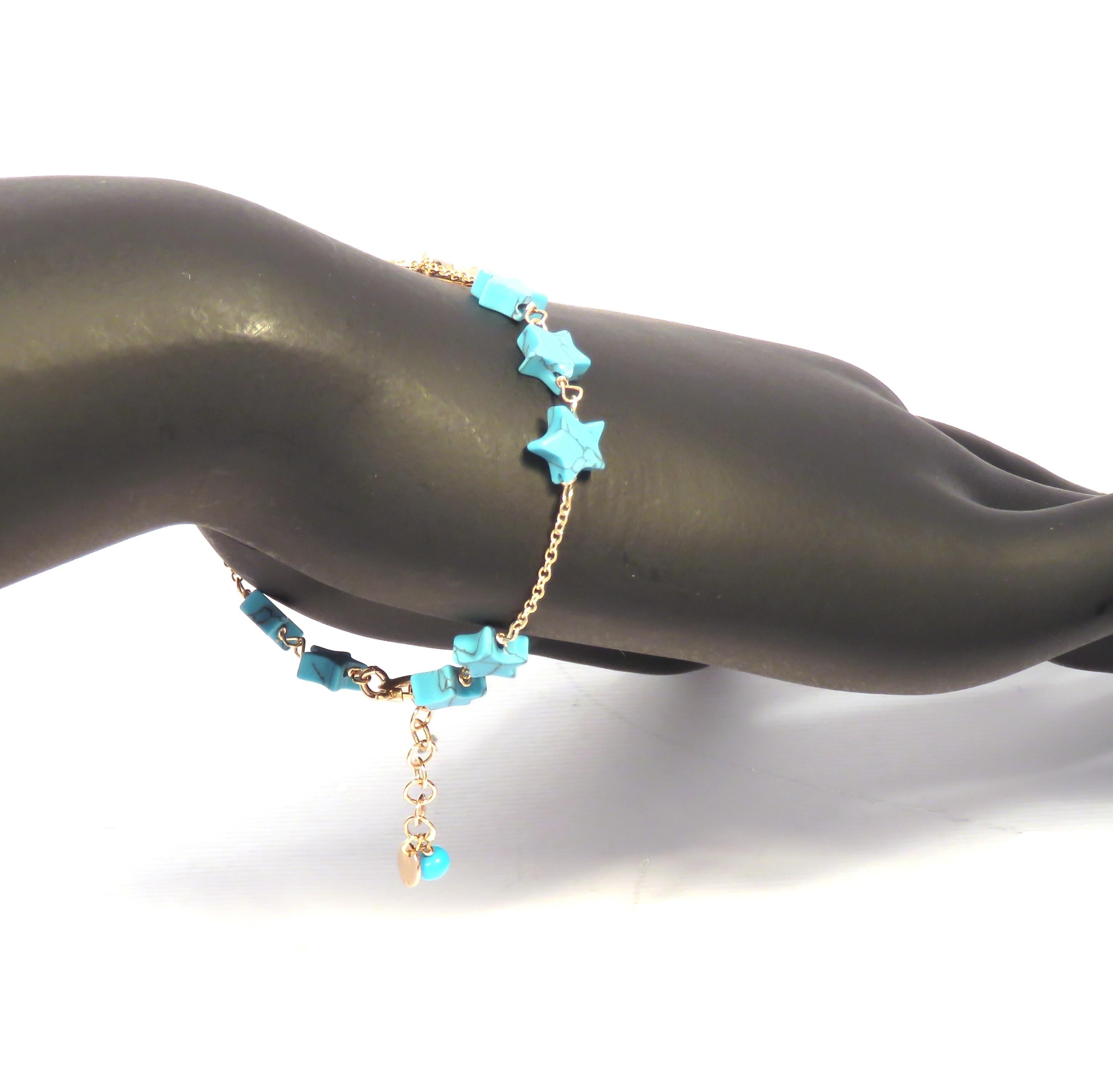 Bracelet à breloques étoile en or rose 9 carats avec turquoises bleues et étoiles, fabriqué à la main en Italie Pour femmes en vente