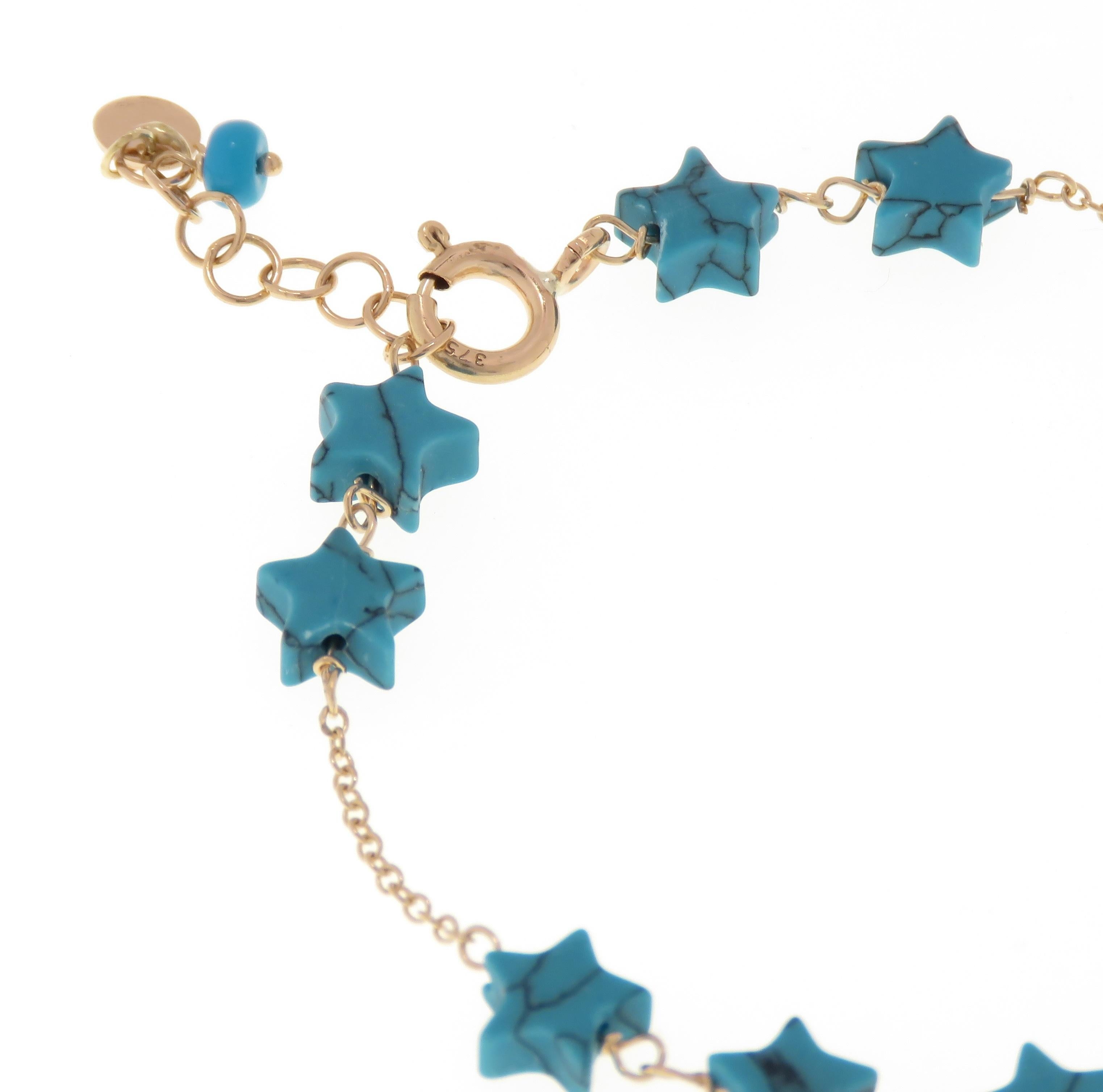 Uncut Blue Turquoise Stars 9 Karat Rose Gold Star Charm Bracelet Handcrafted in Italy For Sale