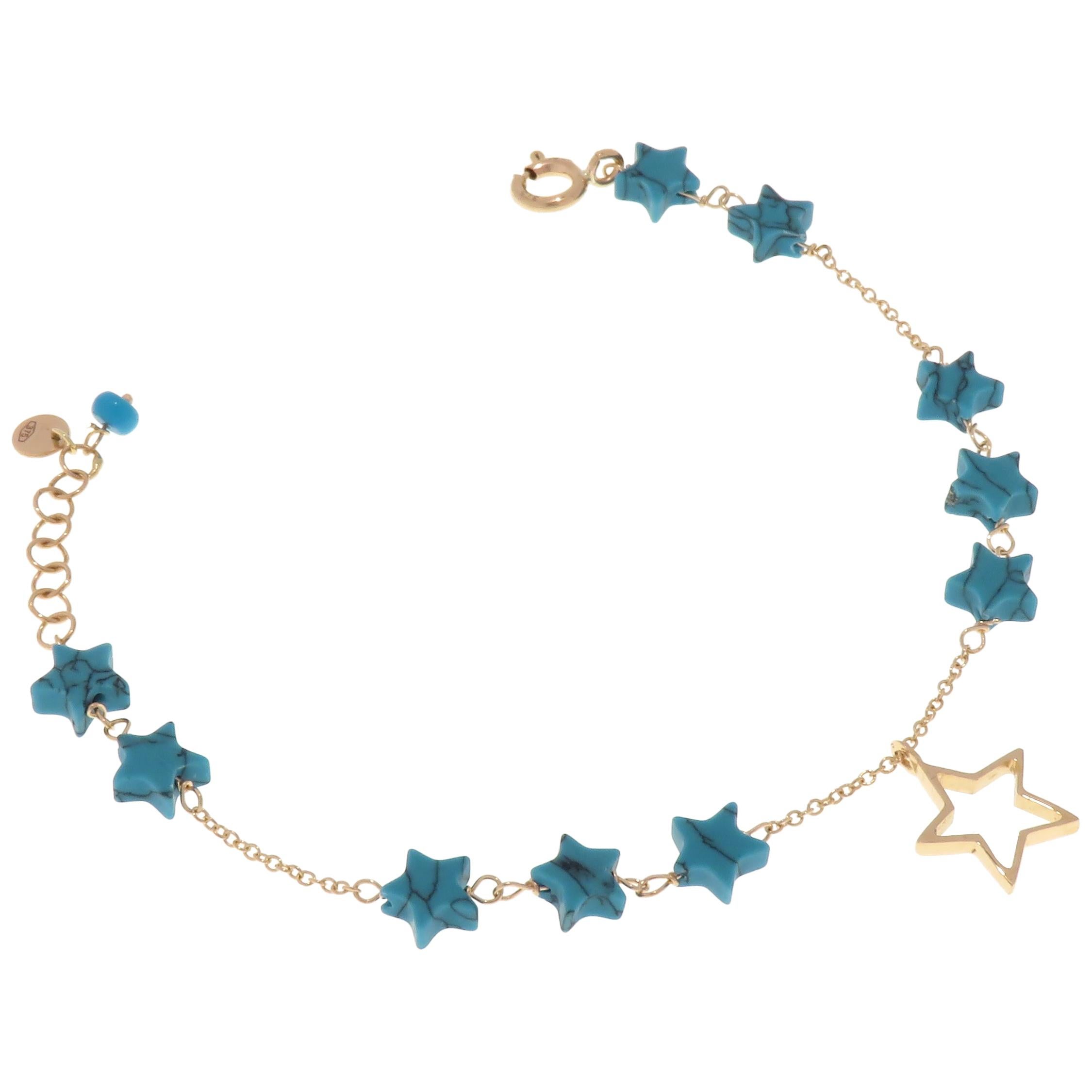 Blue Turquoise Stars 9 Karat Rose Gold Star Charm Bracelet Handcrafted in Italy For Sale
