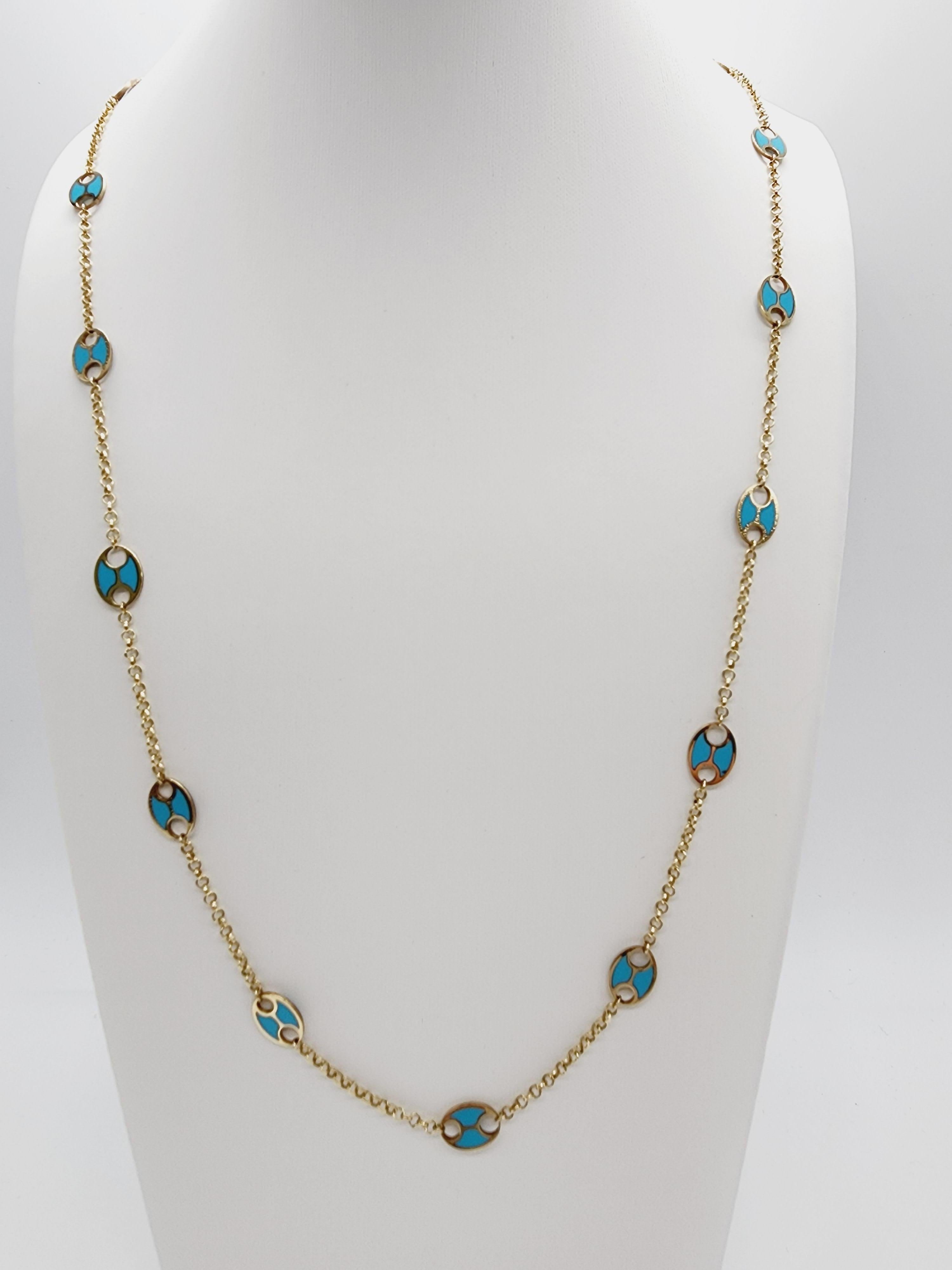 Blue Turquoise 14k Yellow Gold Italian Link Chain Necklace, Lobster closure. Length is 28 inches.