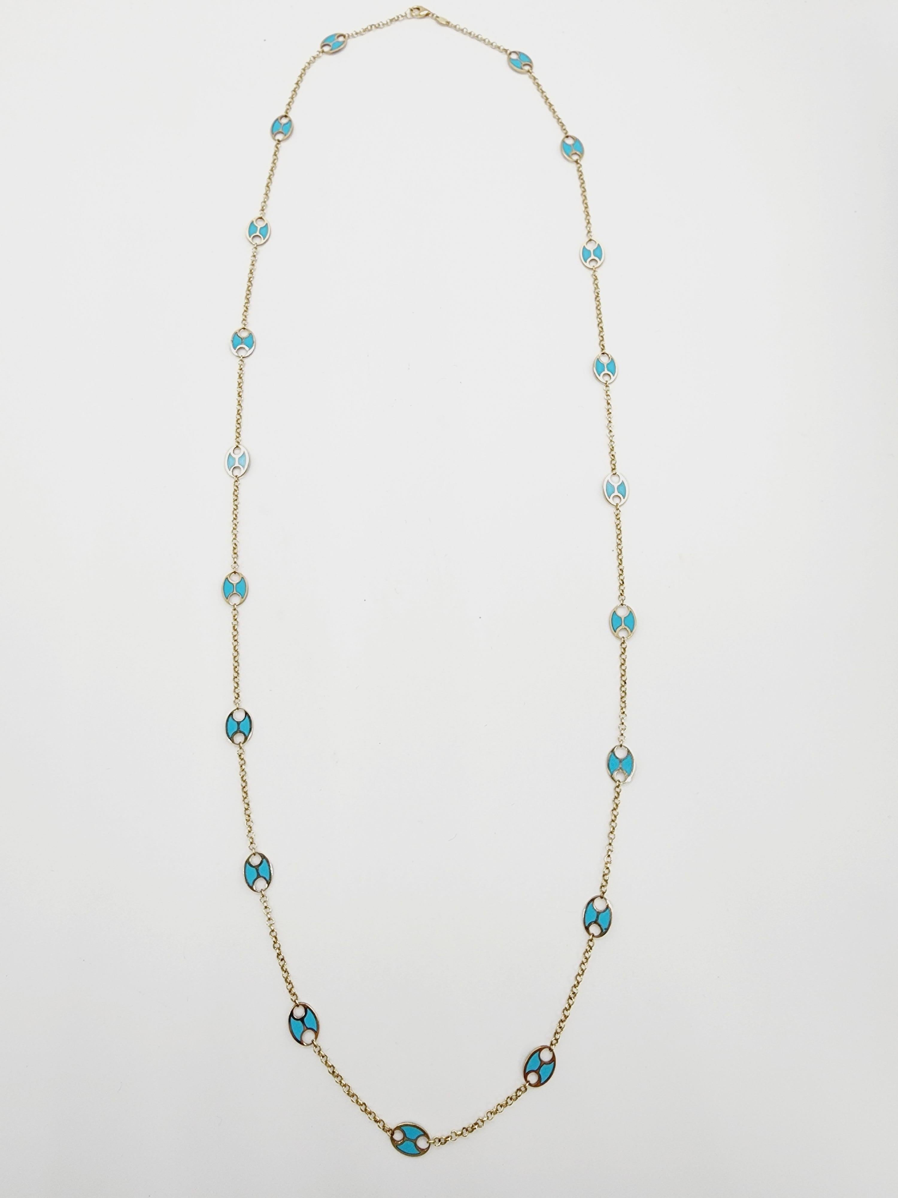 Square Cut Blue Turquoise Yellow Gold Link Chain Necklace