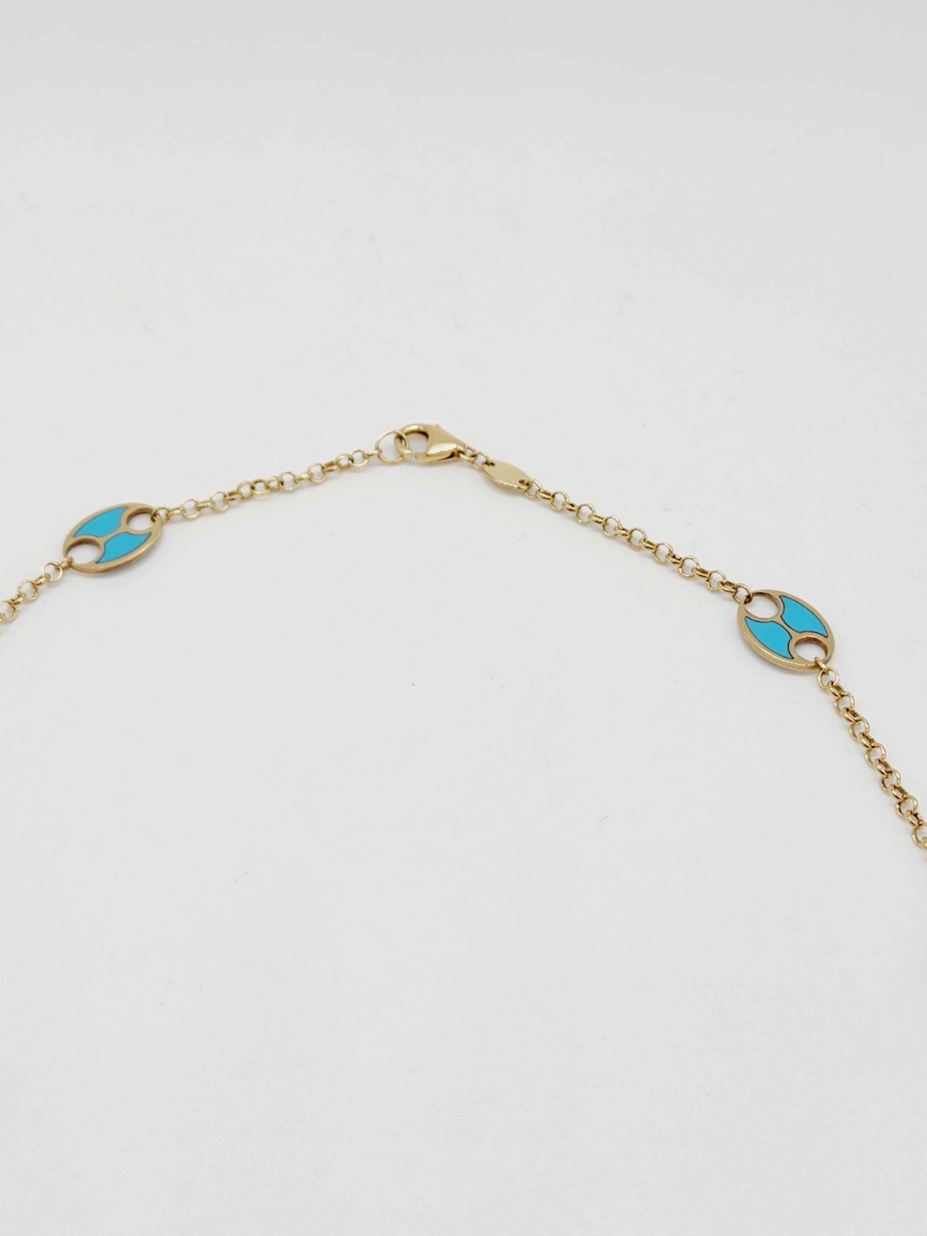 Blue Turquoise Yellow Gold Link Chain Necklace In New Condition In Great Neck Plaza, NY