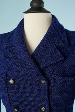 Blue tweed double breasted jacket with branded buttons Chanel Boutique