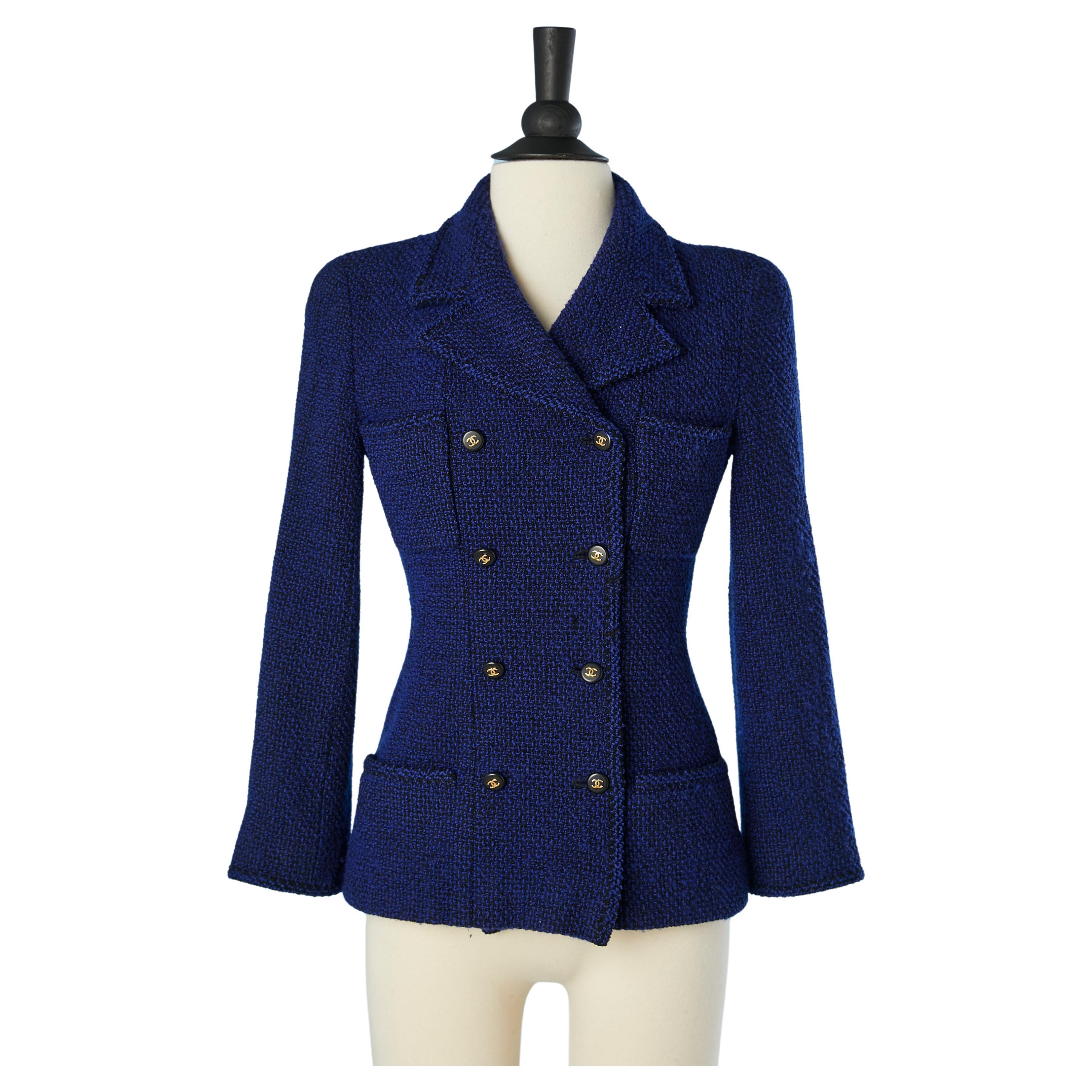 Blue tweed double breasted jacket with branded buttons Chanel Boutique  For Sale