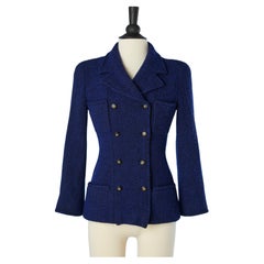 Blue tweed double breasted jacket with branded buttons Chanel Boutique 
