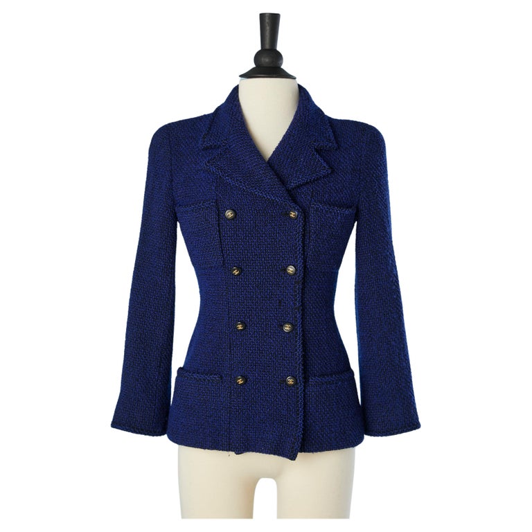 Blue tweed double breasted jacket with branded buttons Chanel