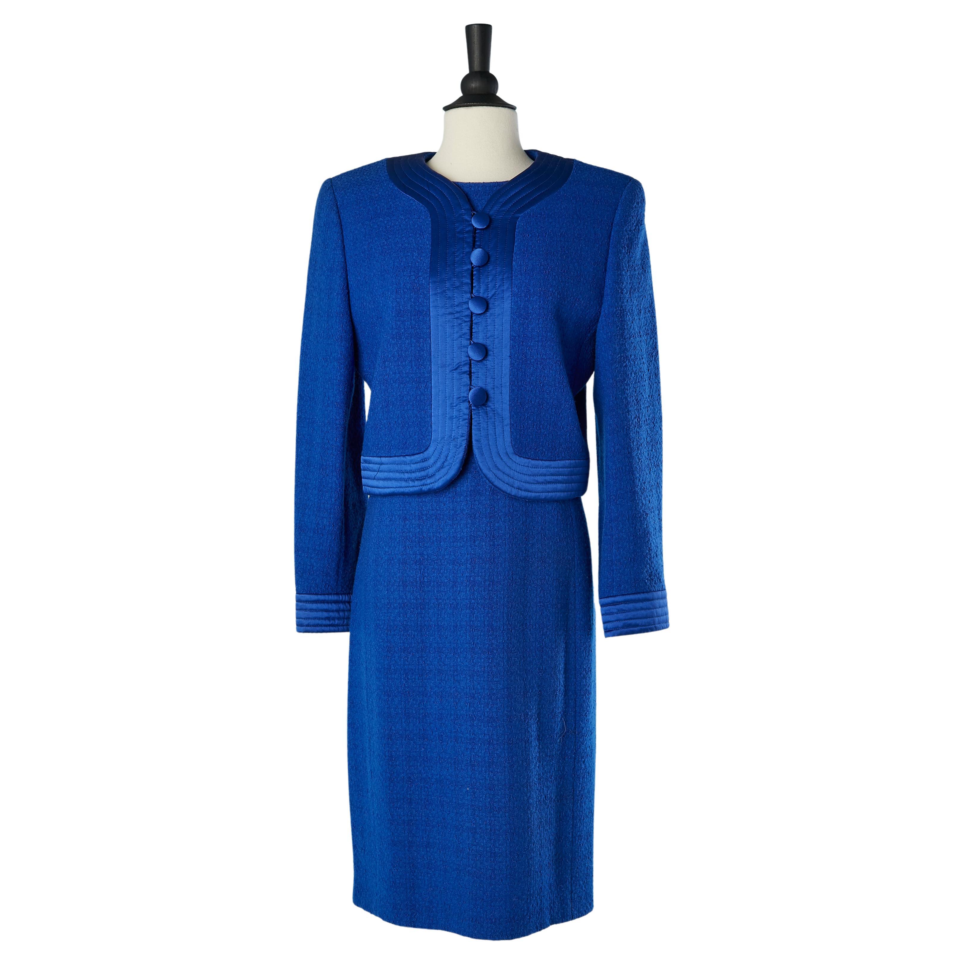 Blue tweed jacket and dress ensemble with satin edge Valentino Miss V  For Sale